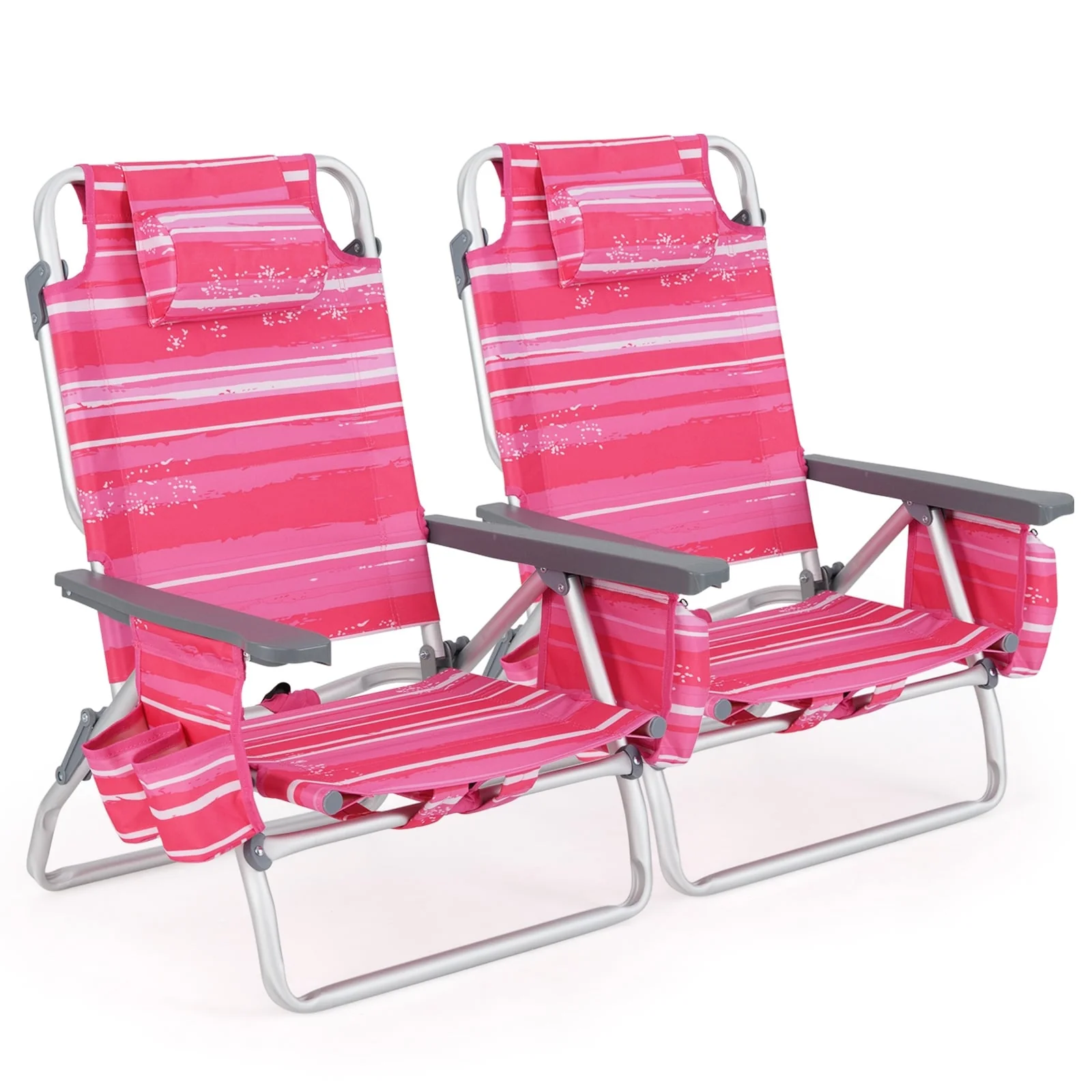 Folding Backpack Beach Chair With Pillow, 2 Pieces, Red & White - Image 4