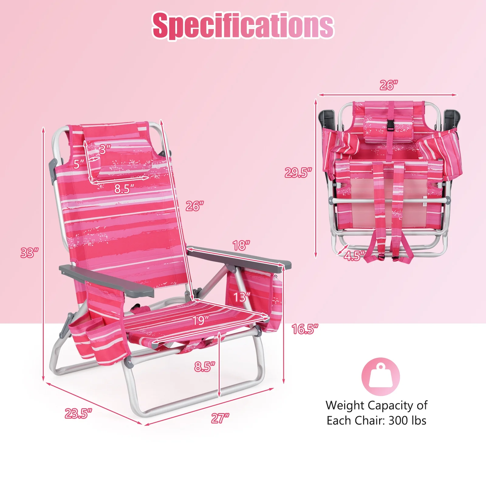 Folding Backpack Beach Chair With Pillow, 2 Pieces, Red & White - Image 5
