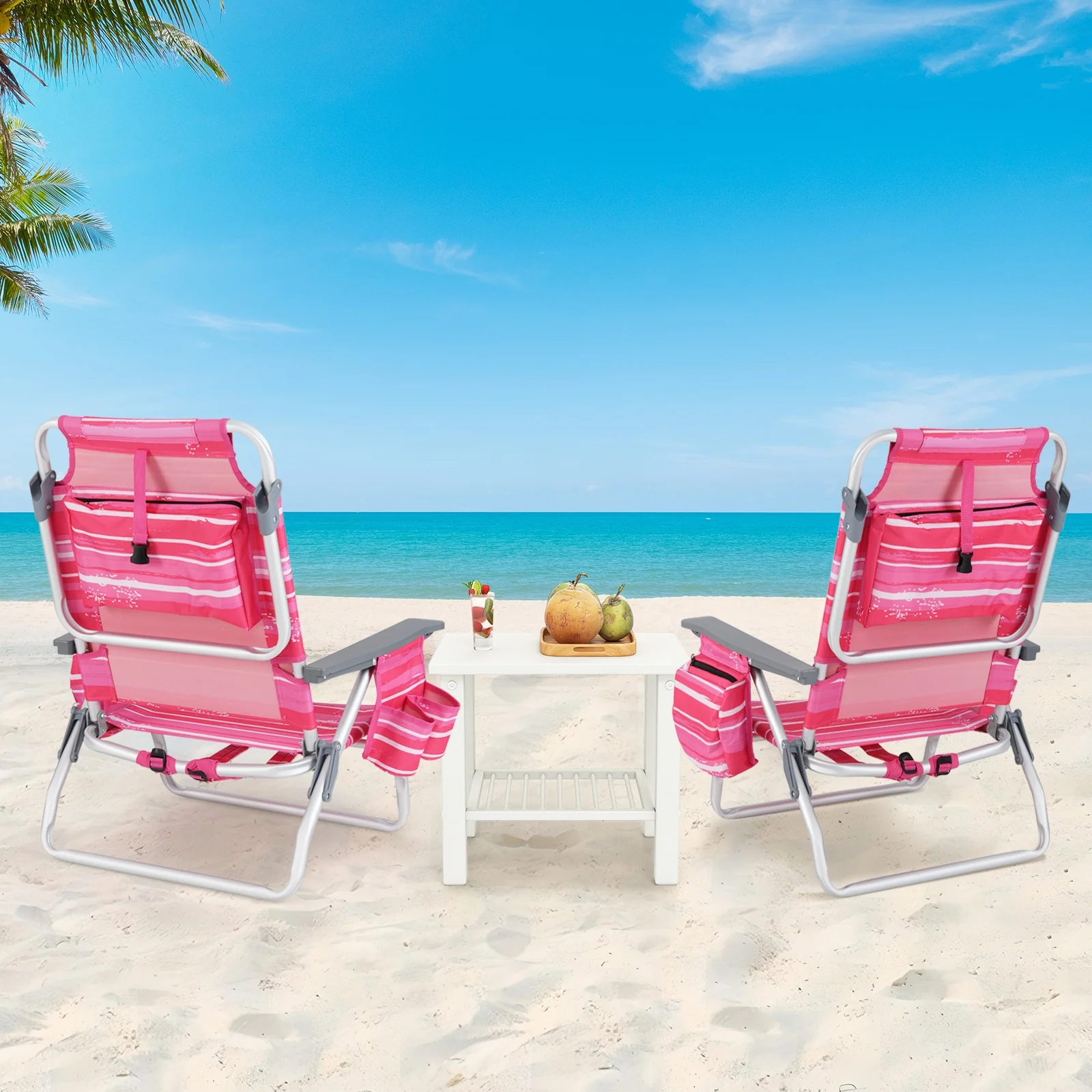 Folding Backpack Beach Chair With Pillow, 2 Pieces, Red & White - Image 6