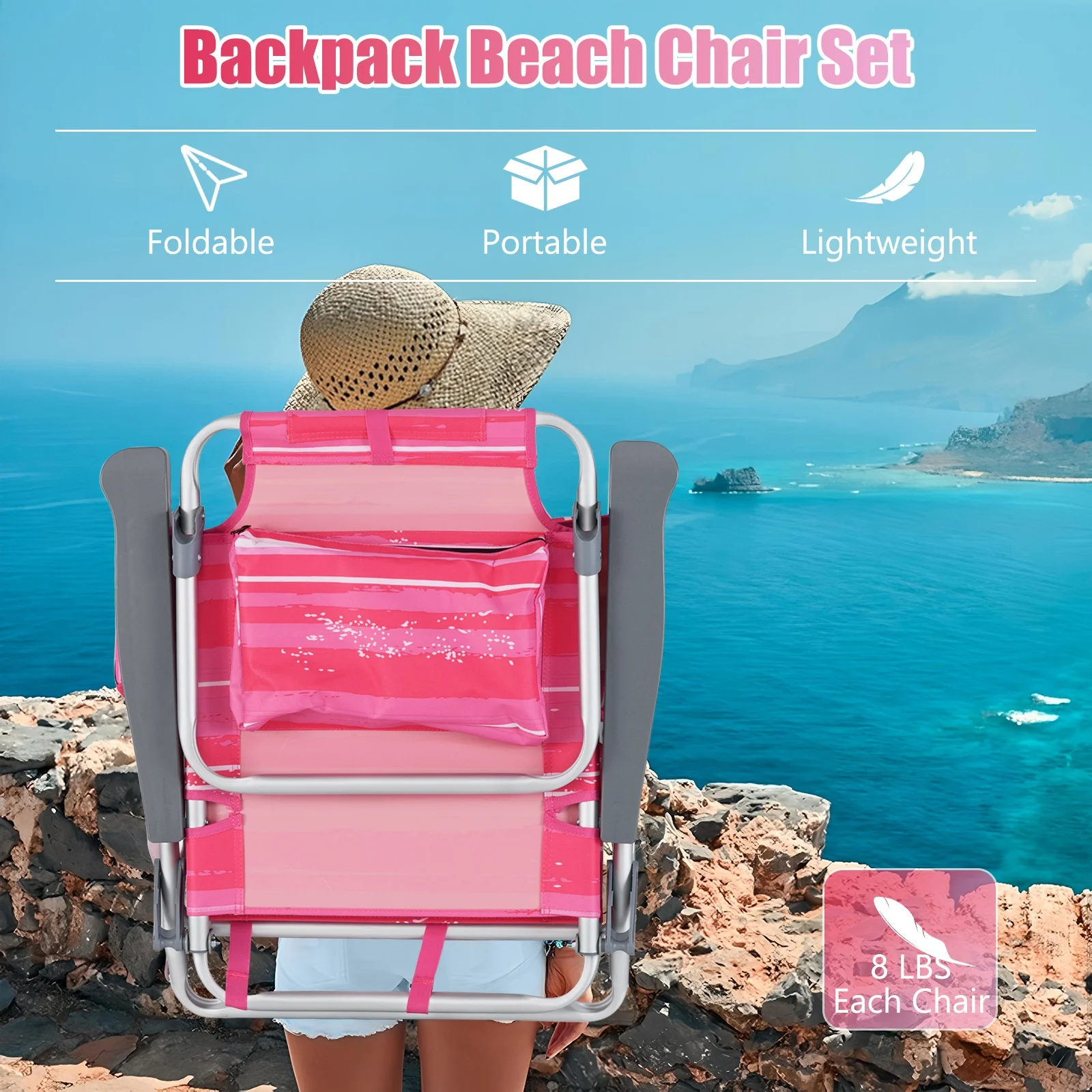 Folding Backpack Beach Chair With Pillow, 2 Pieces, Red & White - Image 7