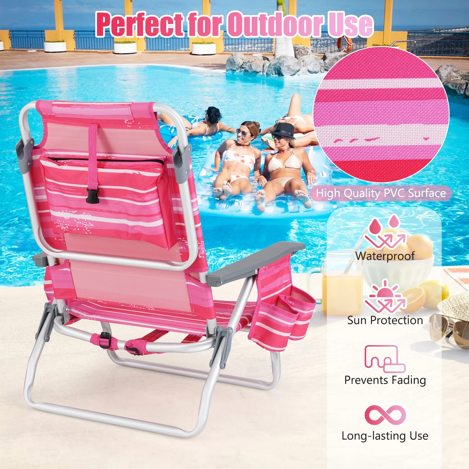Folding Backpack Beach Chair With Pillow, 2 Pieces, Red & White - Image 8