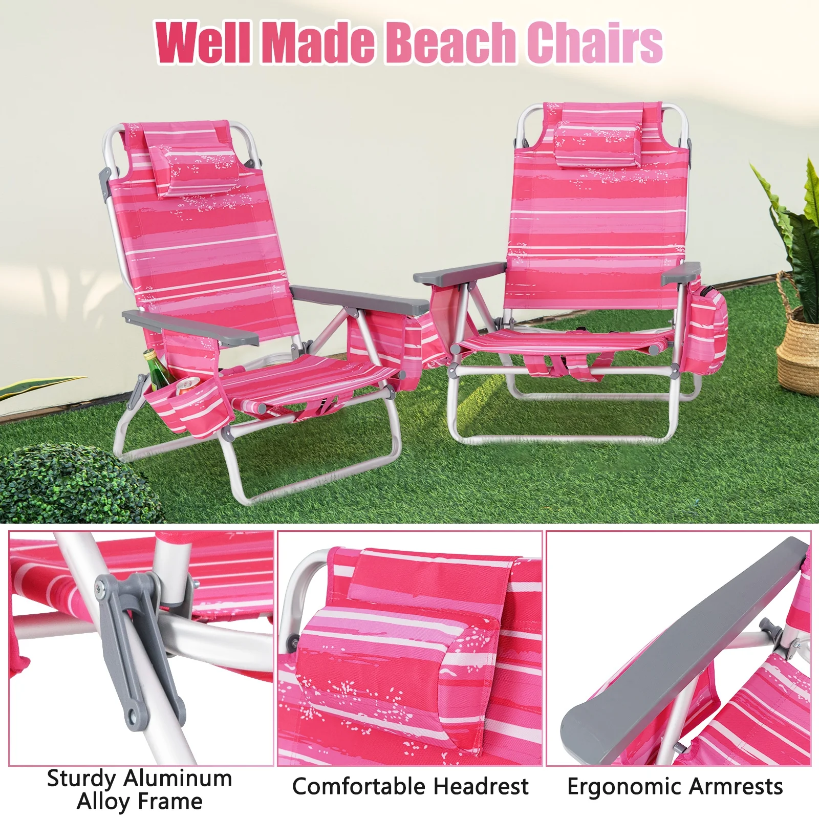 Folding Backpack Beach Chair With Pillow, 2 Pieces, Red & White - Image 9