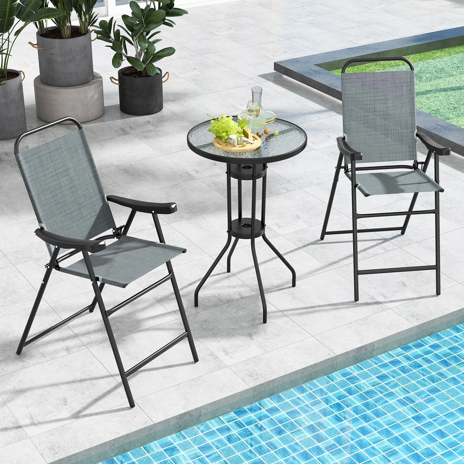 Folding Bar Stool Set, 2-Piece, Metal Frame, Footrest, Blue - Image 2