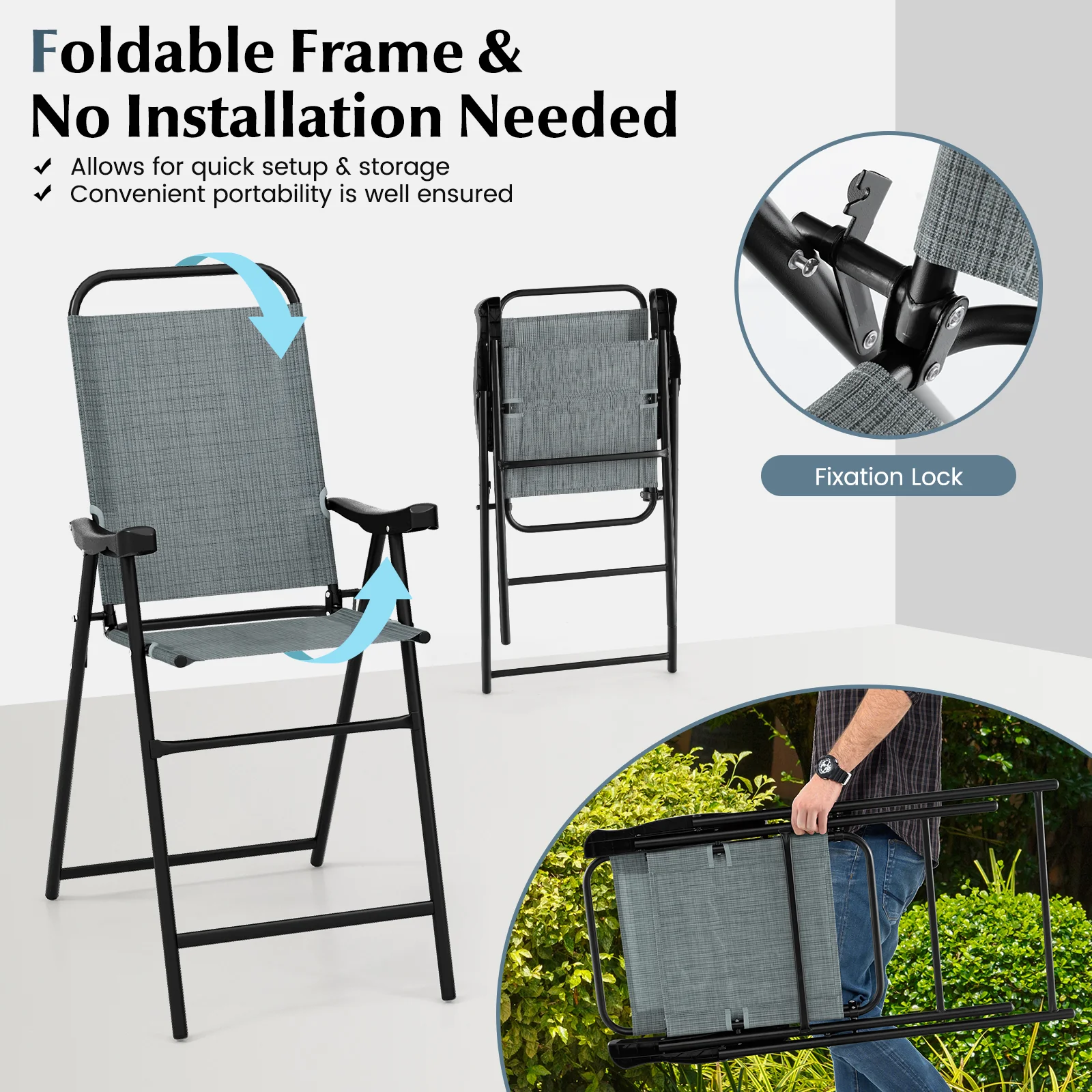 Folding Bar Stool Set, 2-Piece, Metal Frame, Footrest, Blue - Image 6