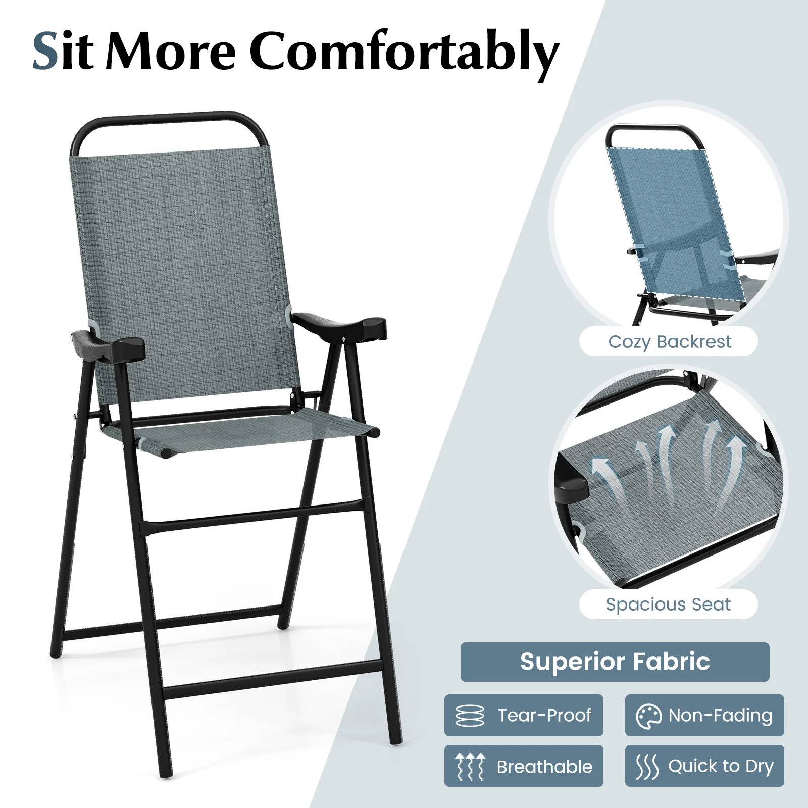 Folding Bar Stool Set, 2-Piece, Metal Frame, Footrest, Blue - Image 7