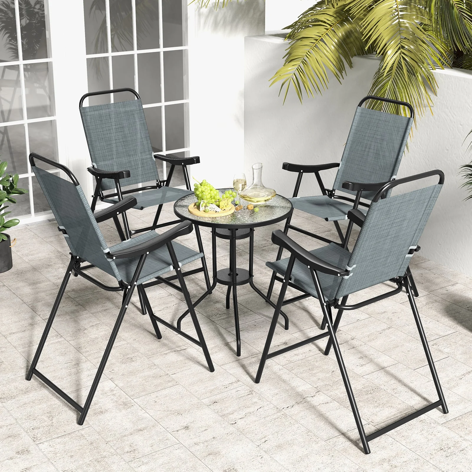 Folding Bar Stool Set, 4 Pack, Metal Frame With Footrest, Blue - Image 2