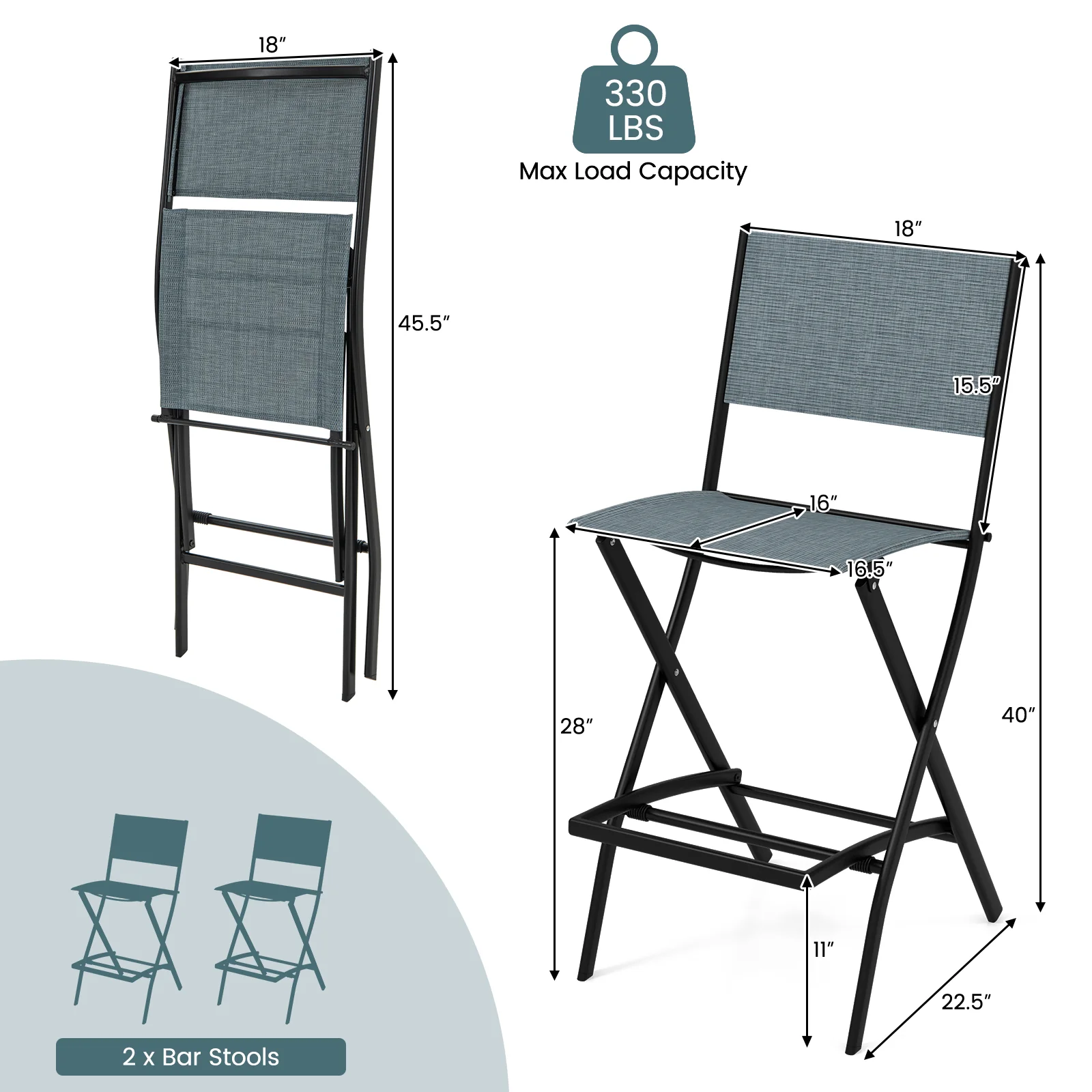Folding Bar Stools Set of 2, Backrest, Footrest, Blue - Image 5