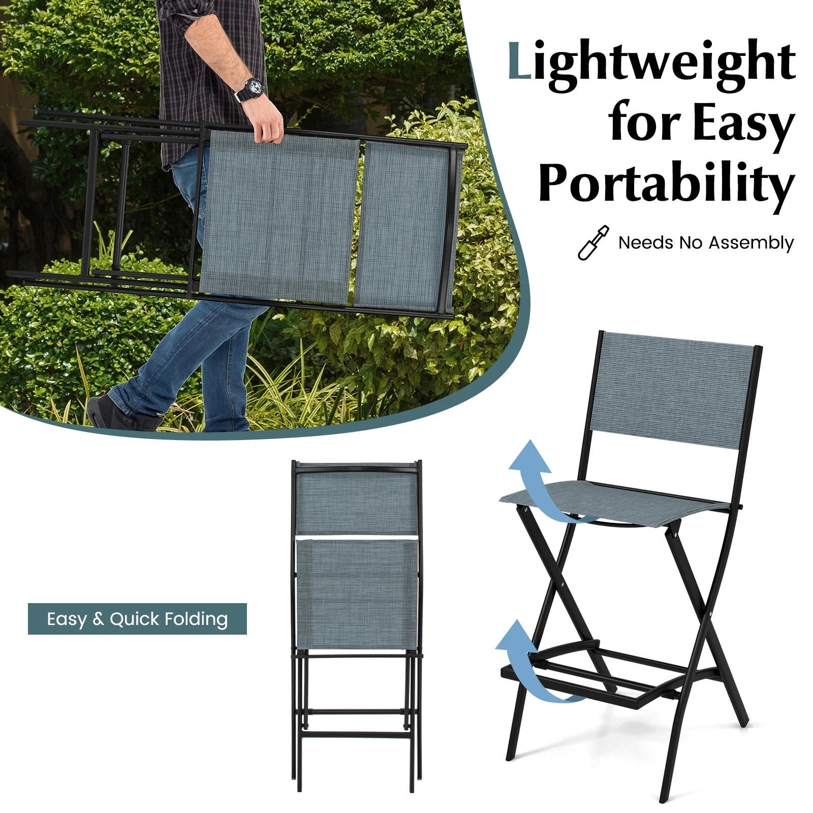 Folding Bar Stools Set of 2, Backrest, Footrest, Blue - Image 6