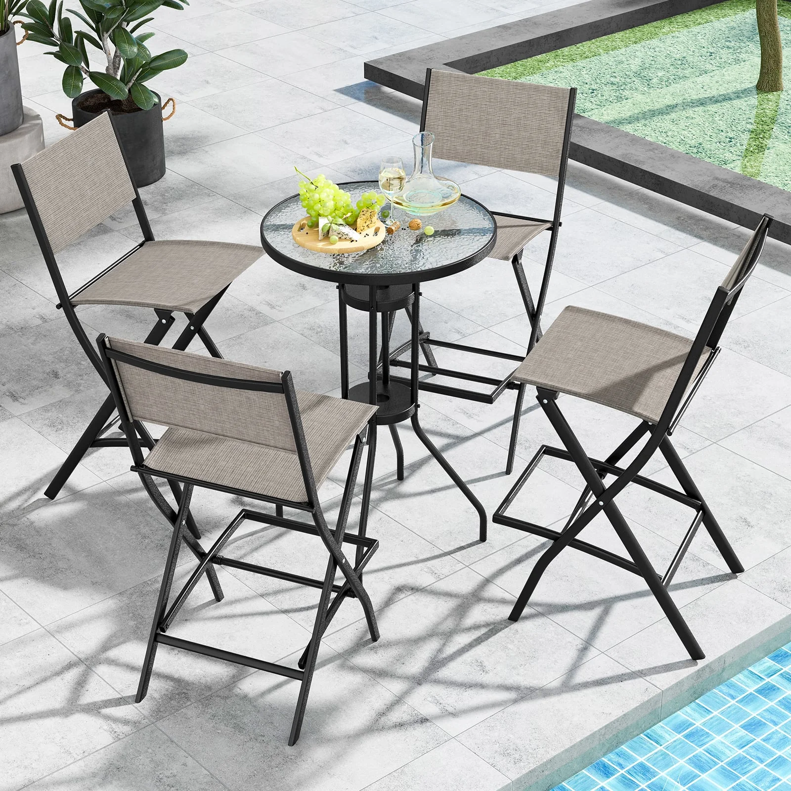 Folding Bar Stools Set of 2, Backrest, Footrest, Coffee - Image 2