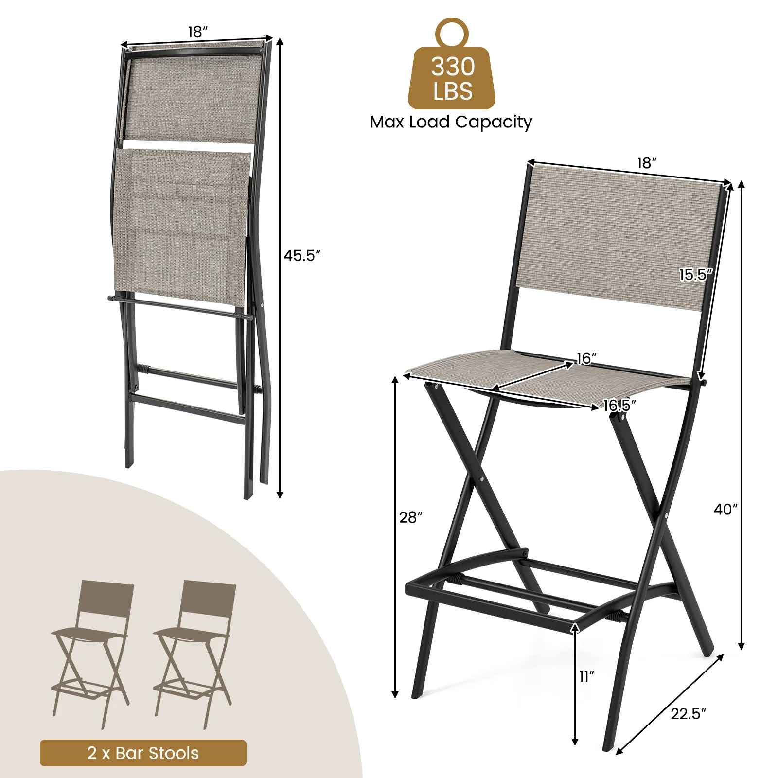 Folding Bar Stools Set of 2, Backrest, Footrest, Coffee - Image 5