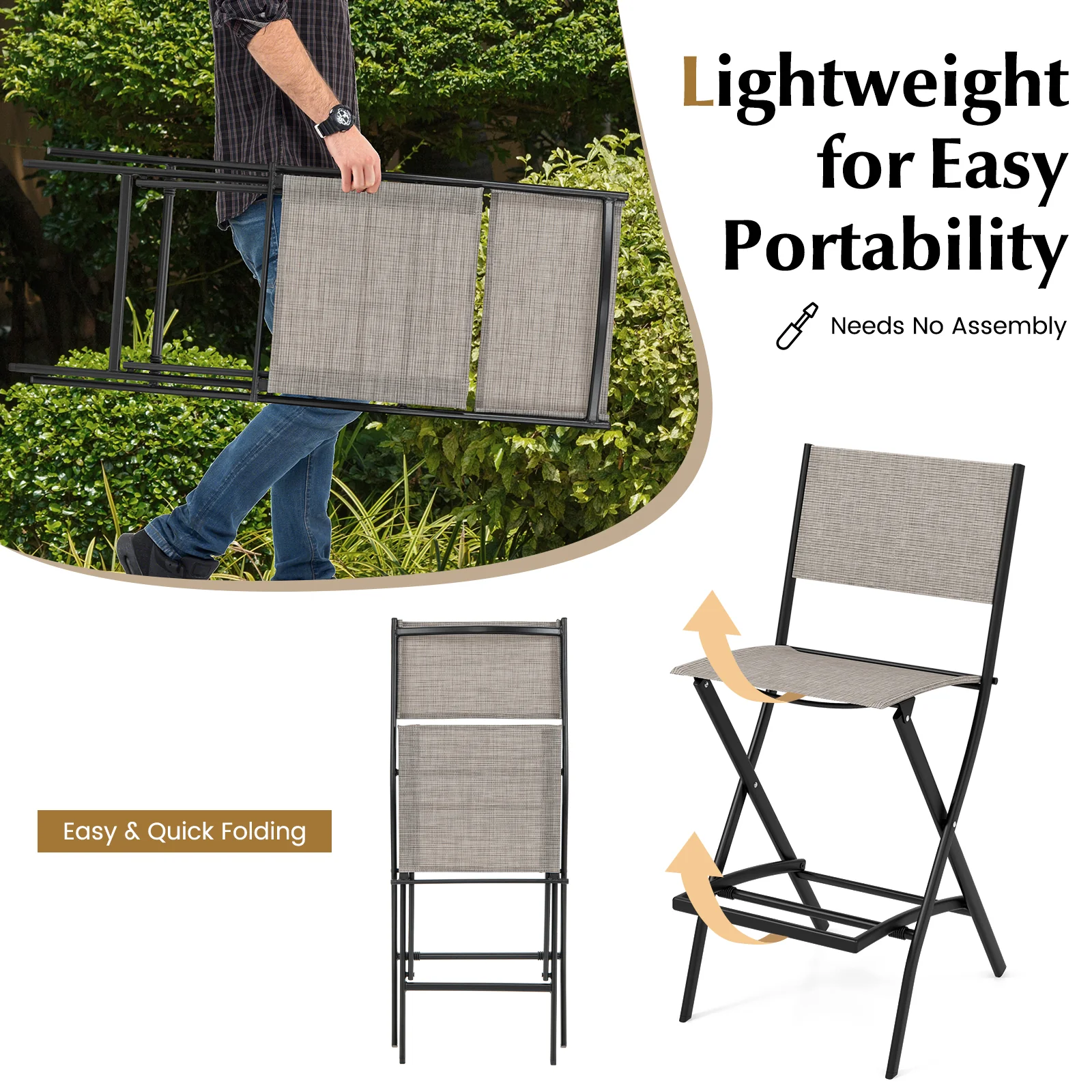 Folding Bar Stools Set of 2, Backrest, Footrest, Coffee - Image 6