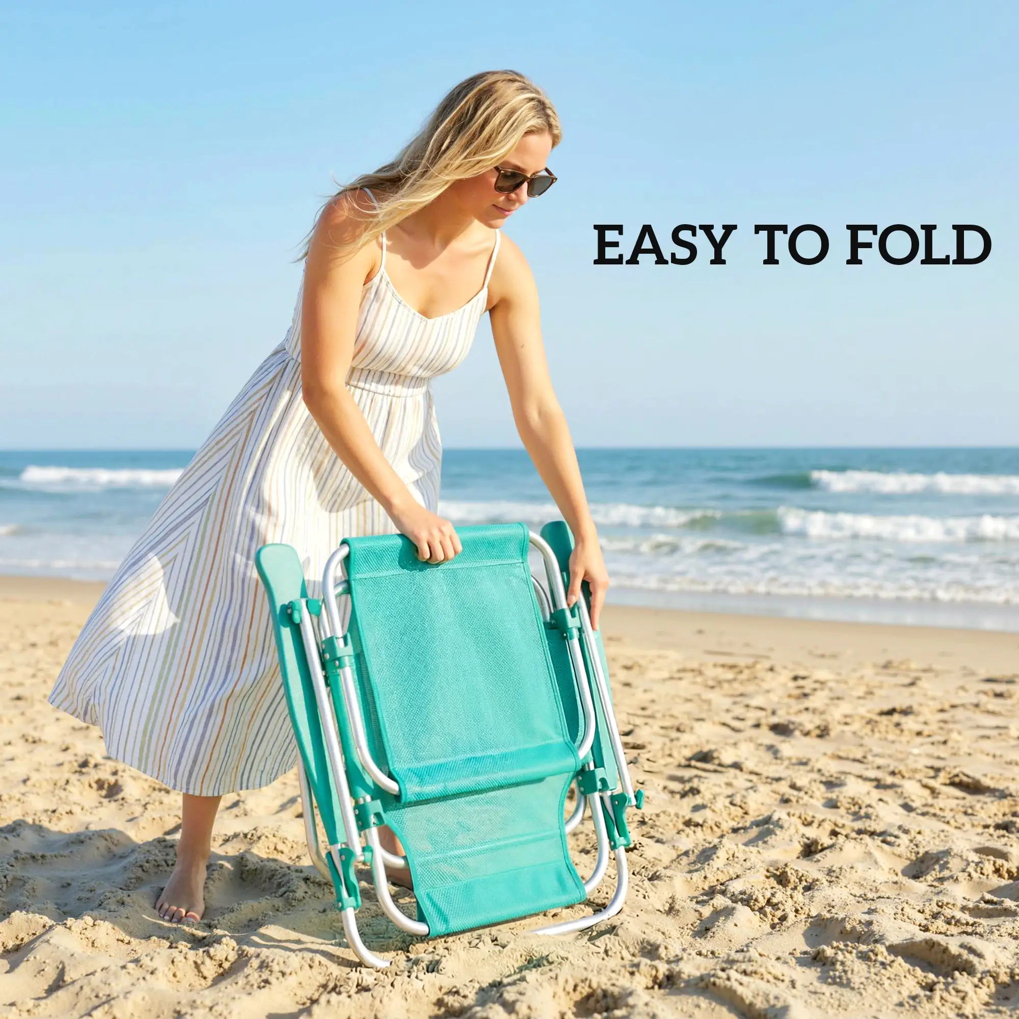 Folding Beach Chair, Adjustable Canopy, 6-Position Reclining, Turquoise - Image 10