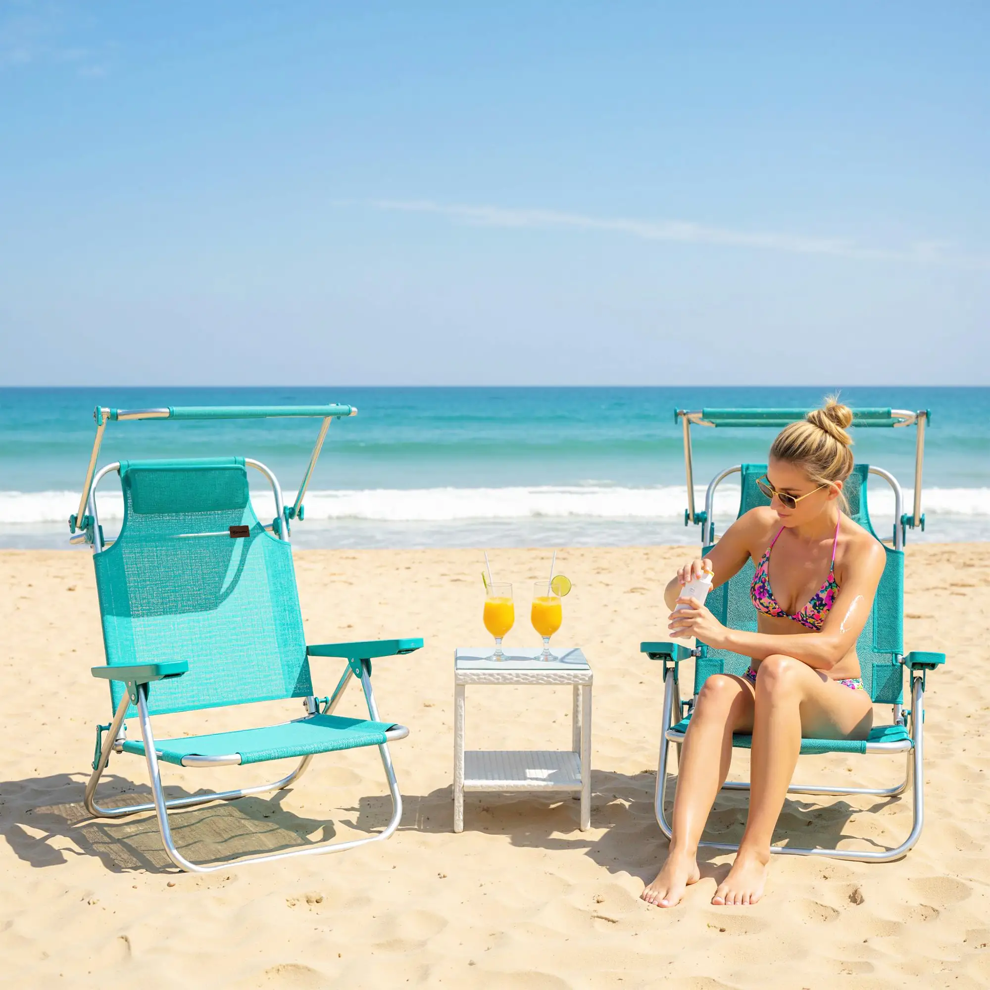 Folding Beach Chair, Adjustable Canopy, 6-Position Reclining, Turquoise - Image 2
