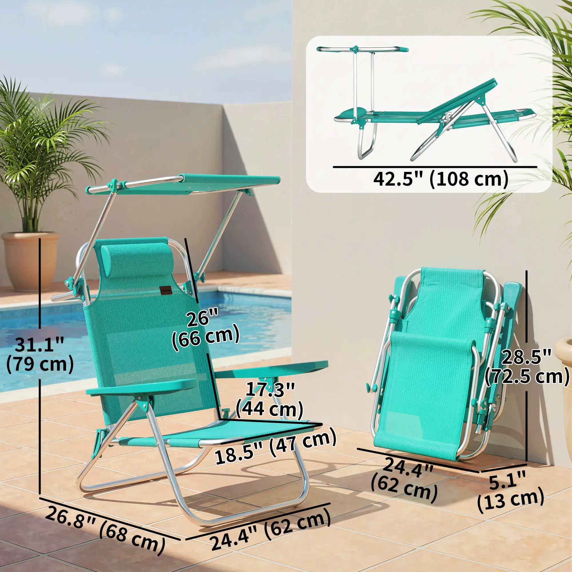 Folding Beach Chair, Adjustable Canopy, 6-Position Reclining, Turquoise - Image 3