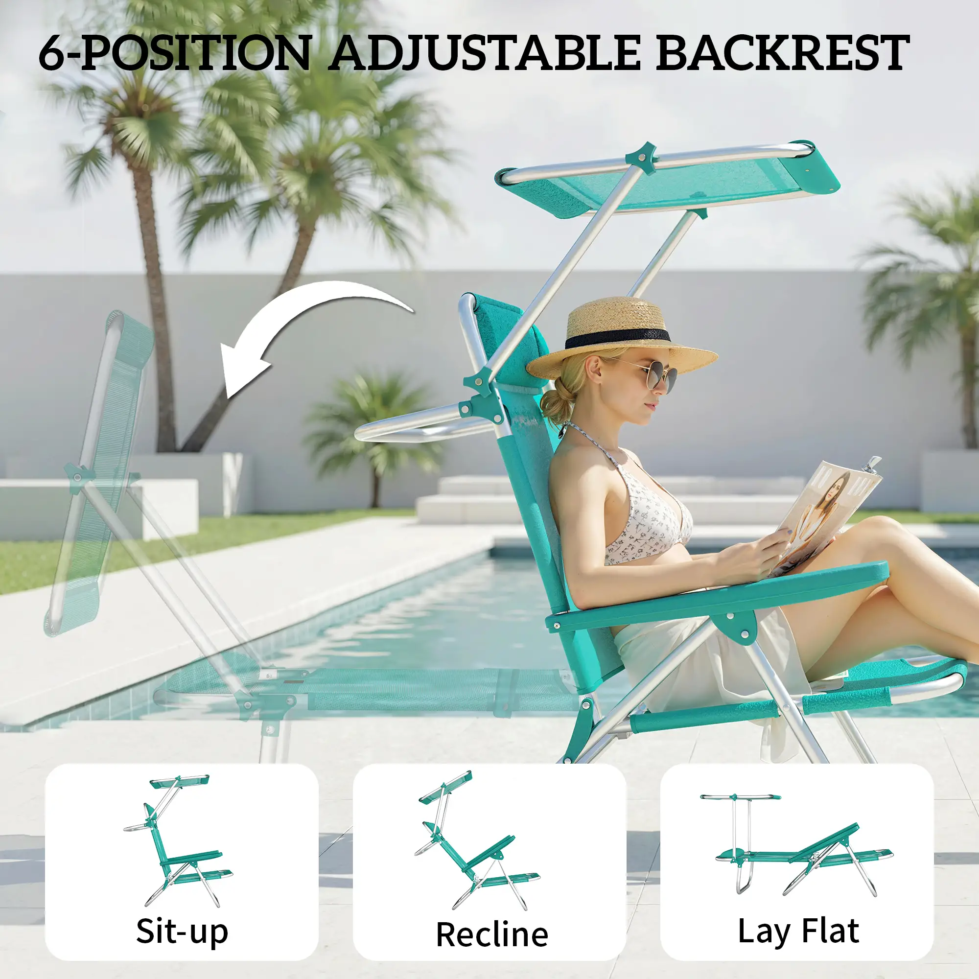 Folding Beach Chair, Adjustable Canopy, 6-Position Reclining, Turquoise - Image 4