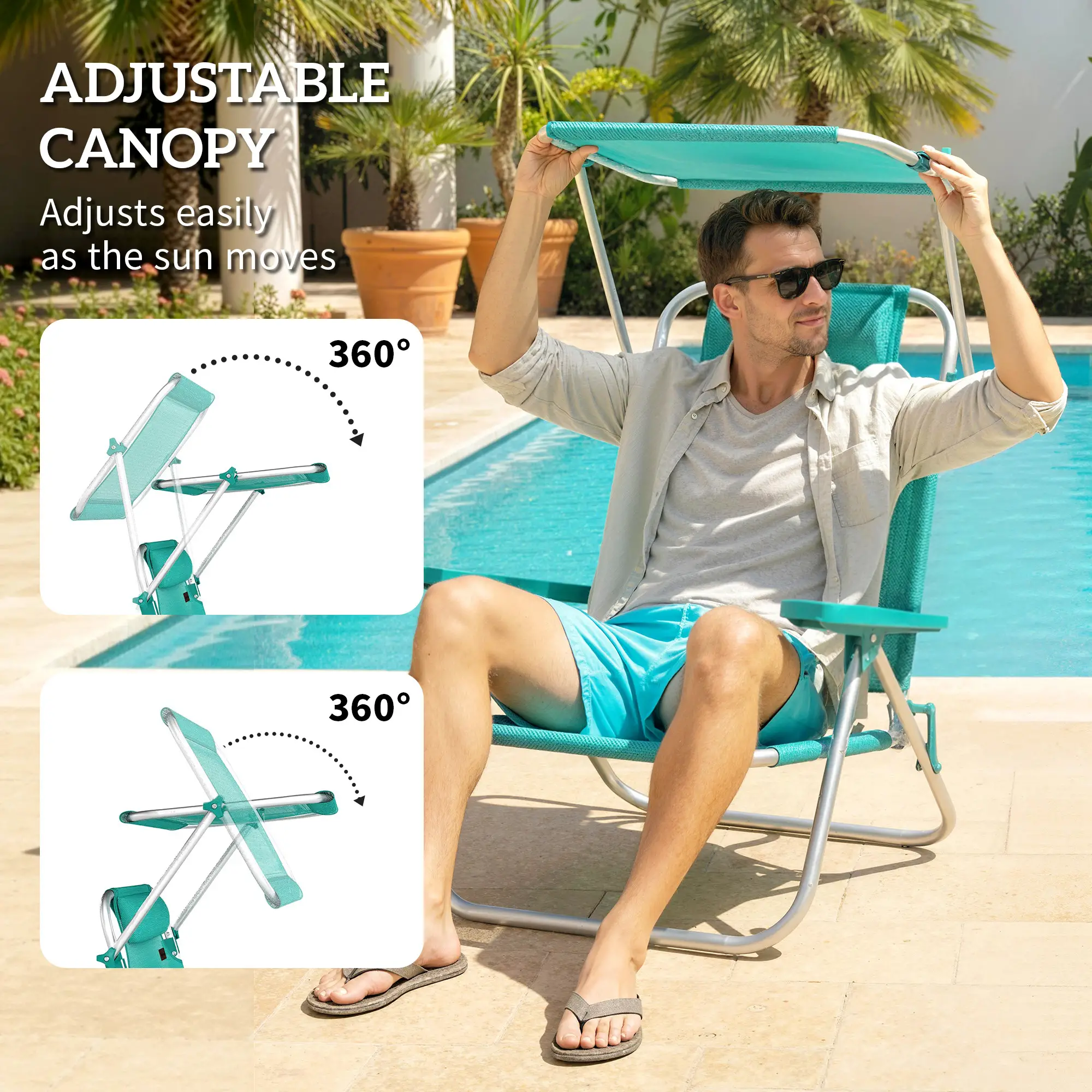 Folding Beach Chair, Adjustable Canopy, 6-Position Reclining, Turquoise - Image 5