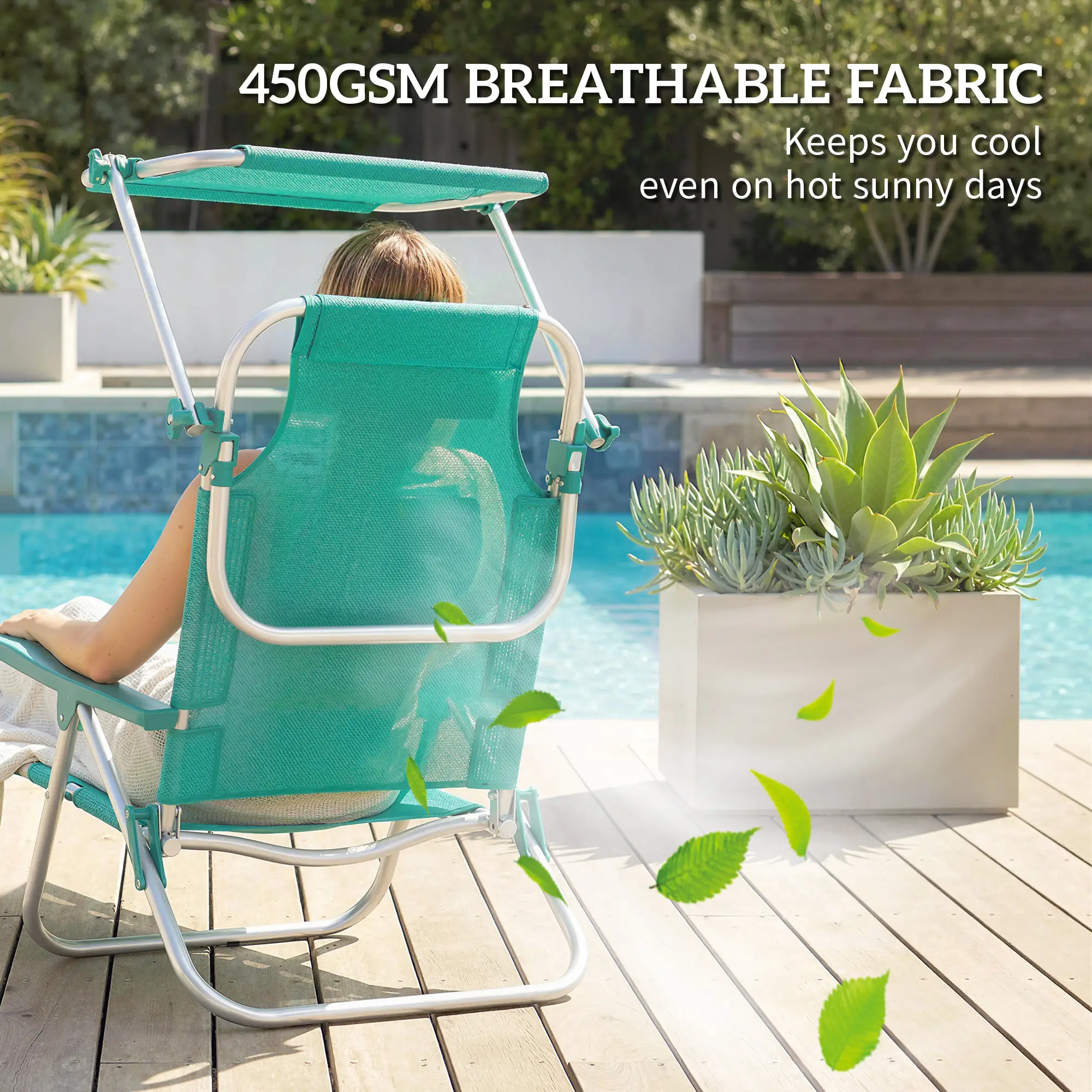 Folding Beach Chair, Adjustable Canopy, 6-Position Reclining, Turquoise - Image 7