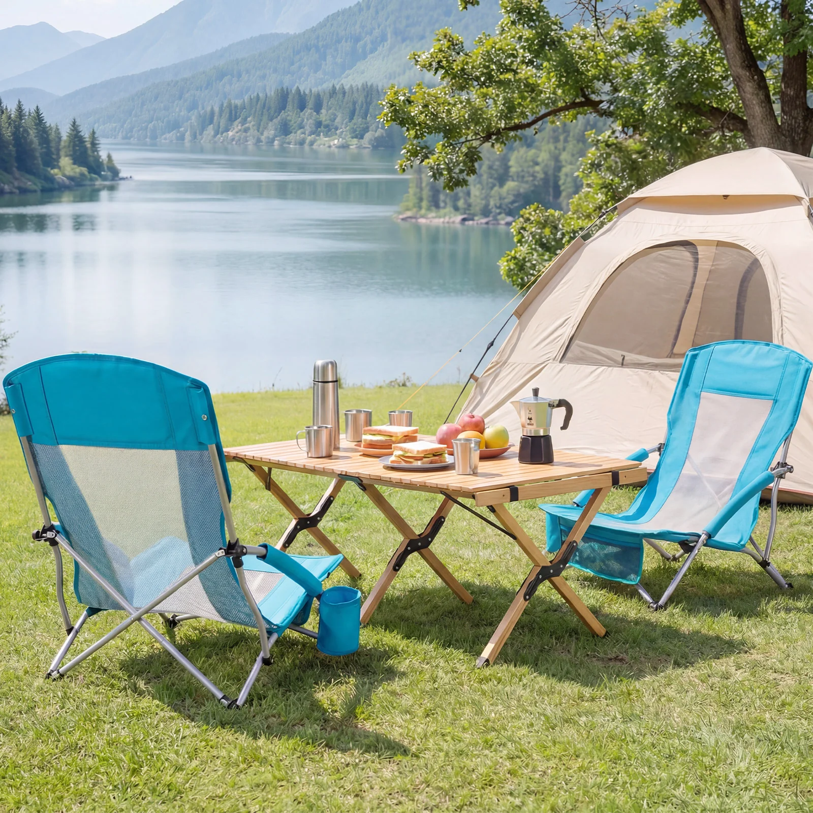 Folding Beach Chairs Set of 2, Portable Lightweight, Blue - Image 3