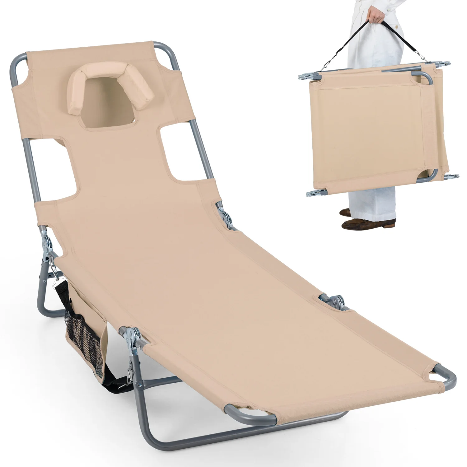 Folding Beach Lounge Chair, Adjustable Backrest, Beige