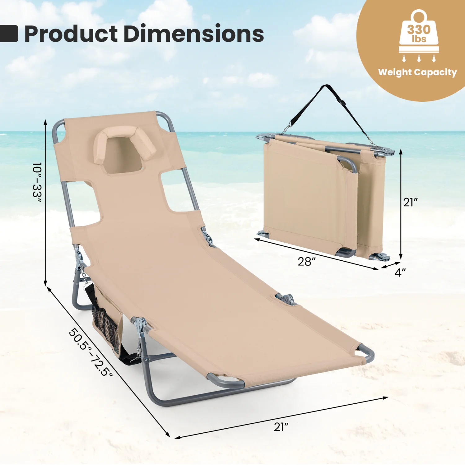 Folding Beach Lounge Chair, Adjustable Backrest, Beige - Image 4