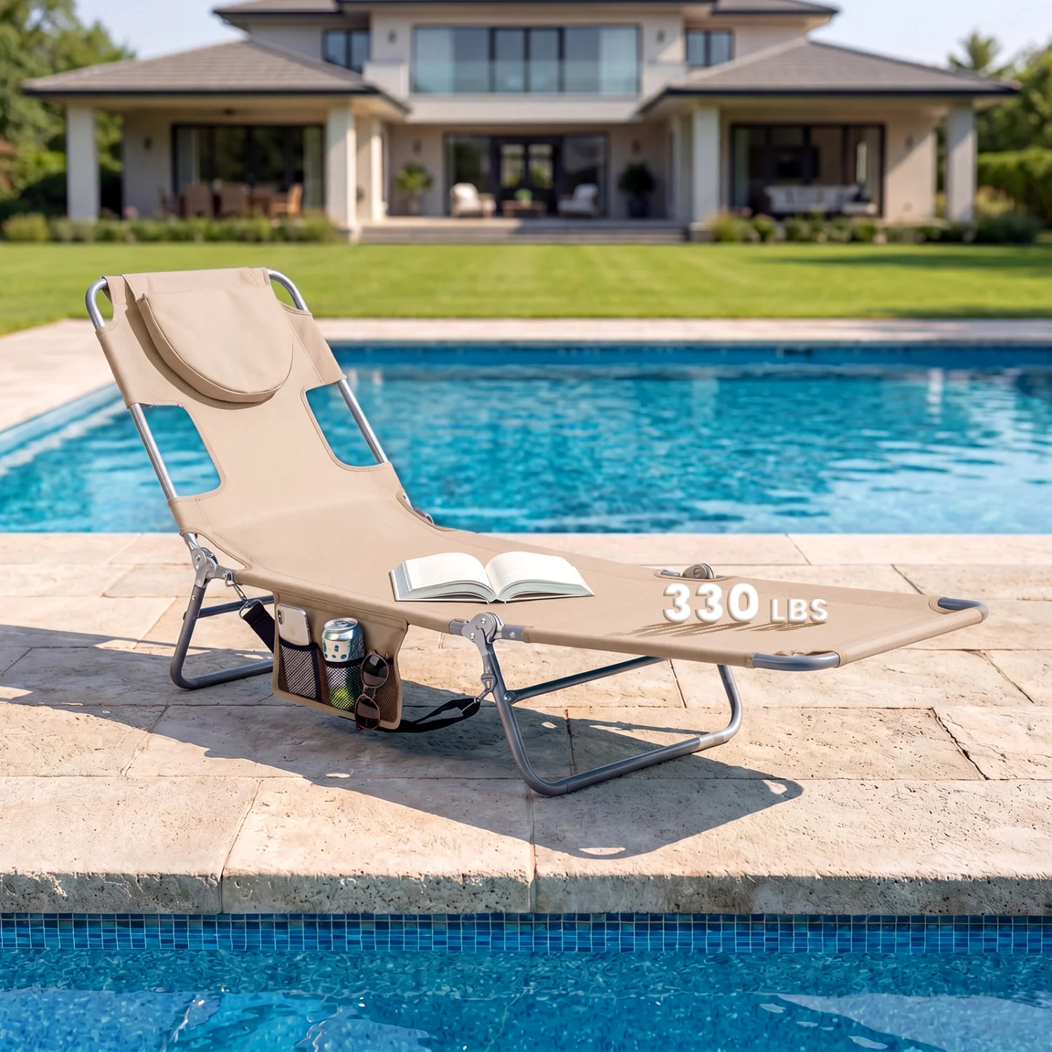 Folding Beach Lounge Chair, Adjustable Backrest, Beige - Image 5