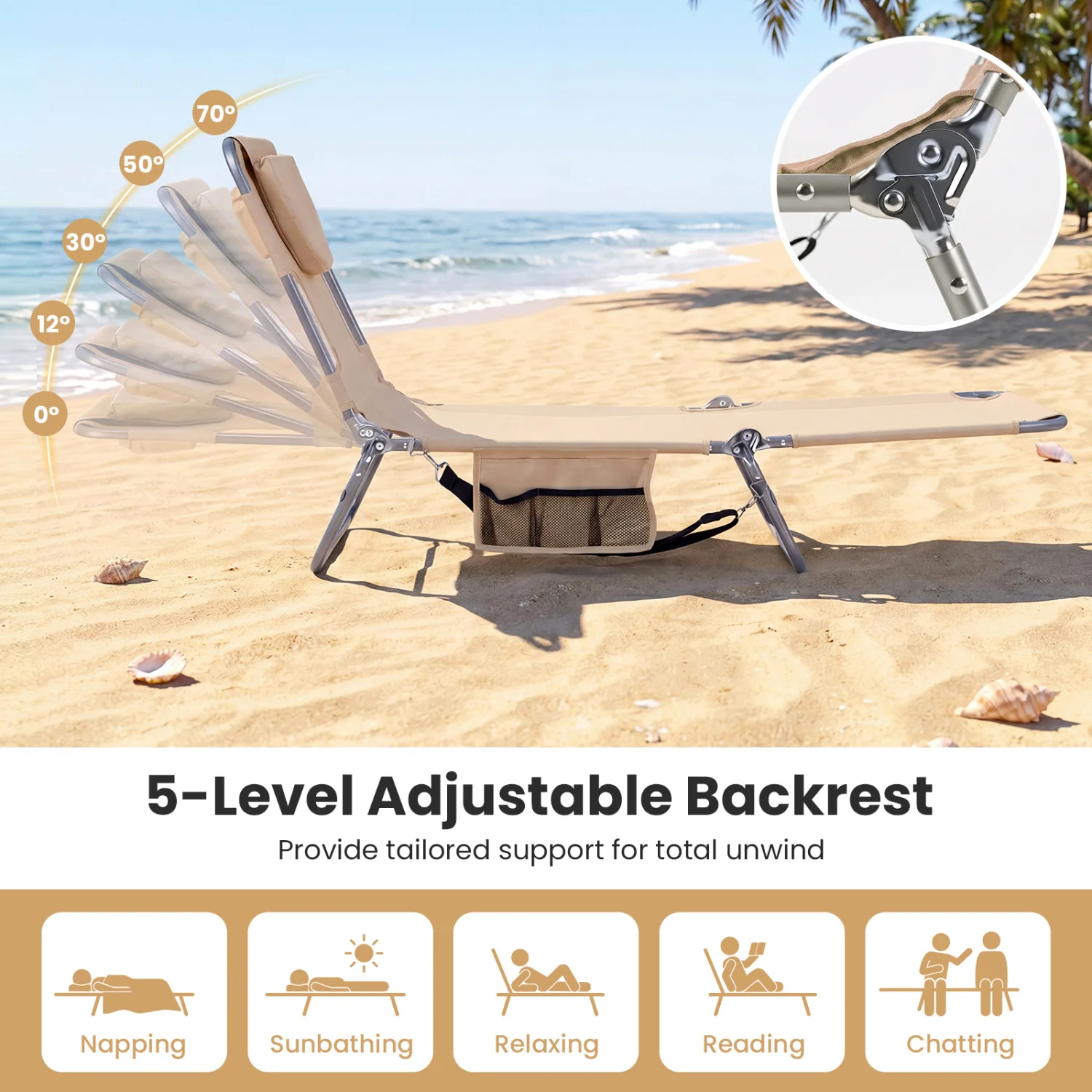 Folding Beach Lounge Chair, Adjustable Backrest, Beige - Image 6
