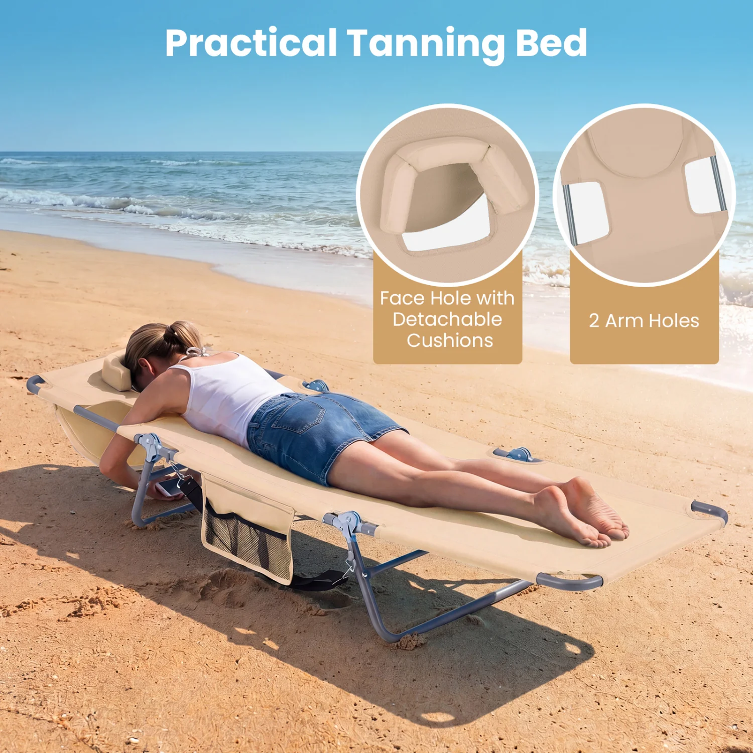 Folding Beach Lounge Chair, Adjustable Backrest, Beige - Image 7