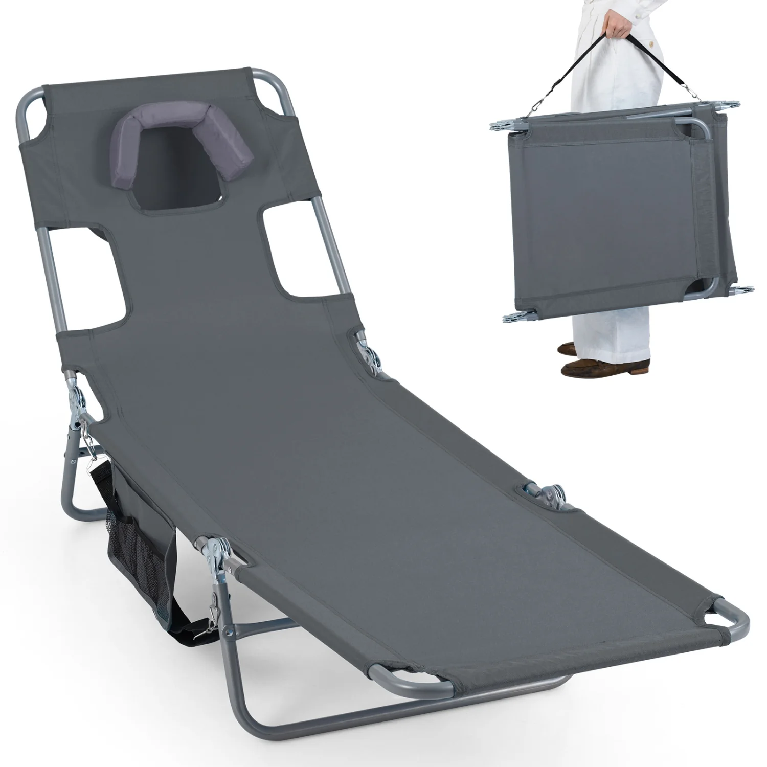 Folding Beach Lounge Chair, Adjustable Backrest, Gray