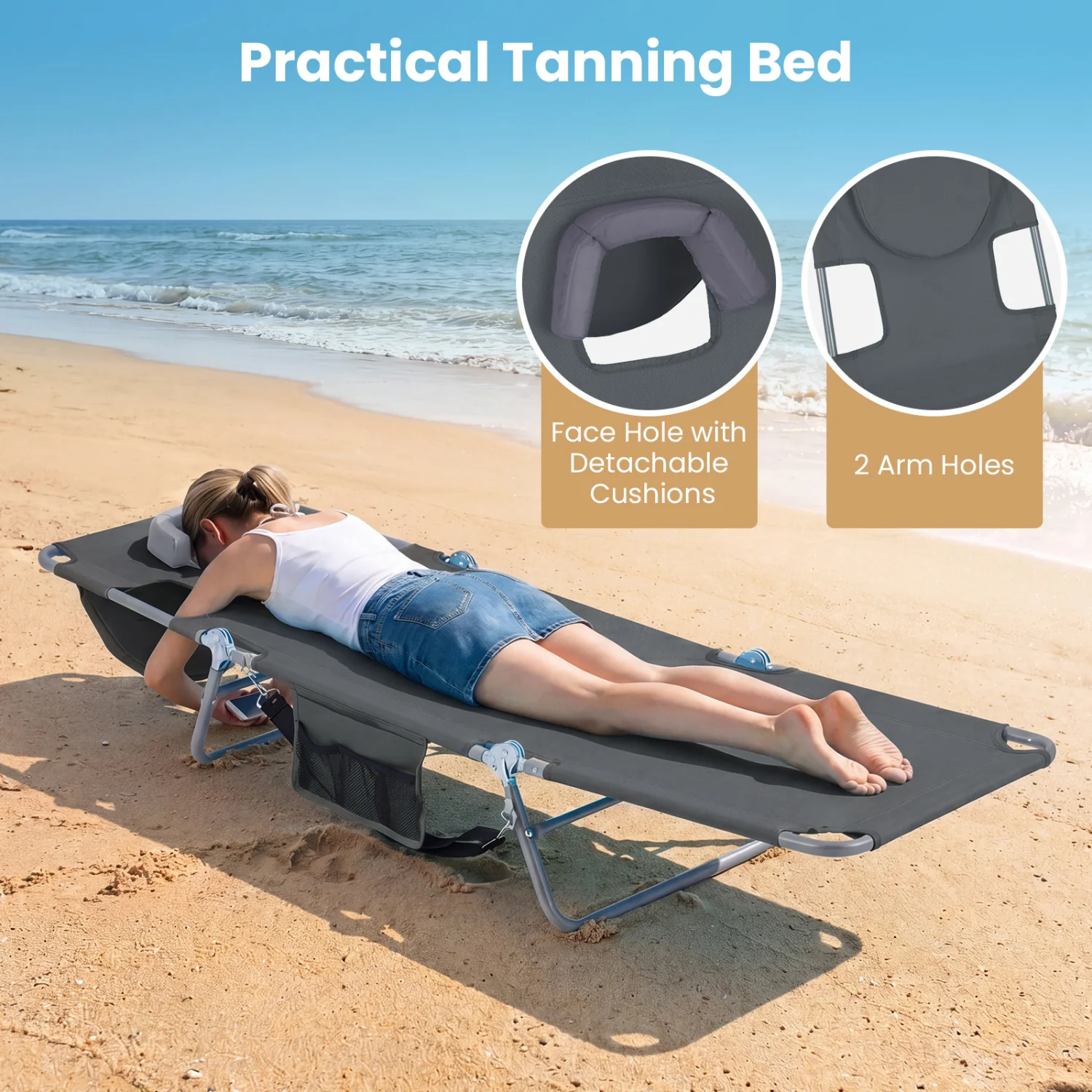 Folding Beach Lounge Chair, Adjustable Backrest, Gray - Image 7