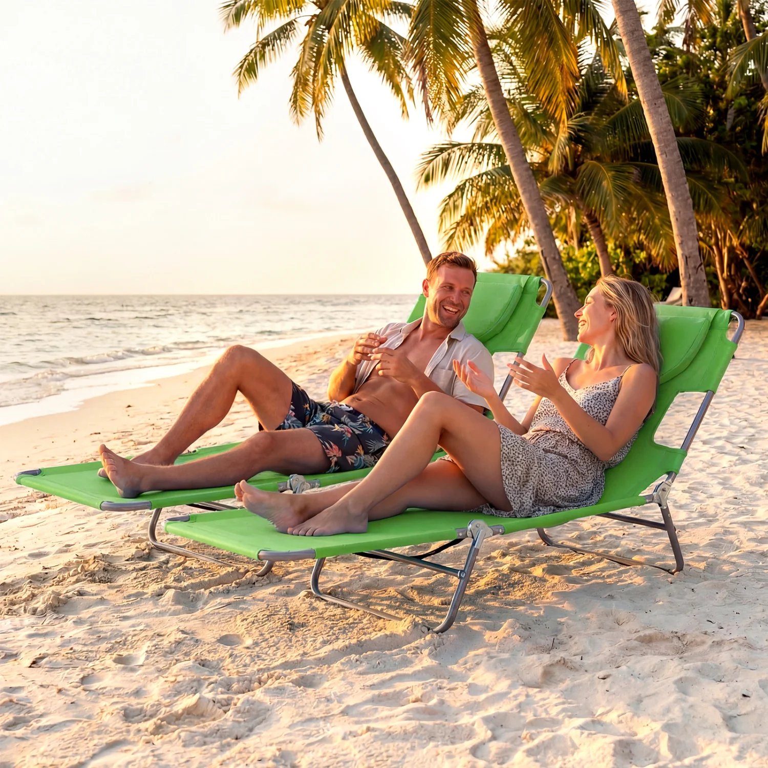 Folding Beach Lounge Chair, Adjustable Backrest, Green - Image 3