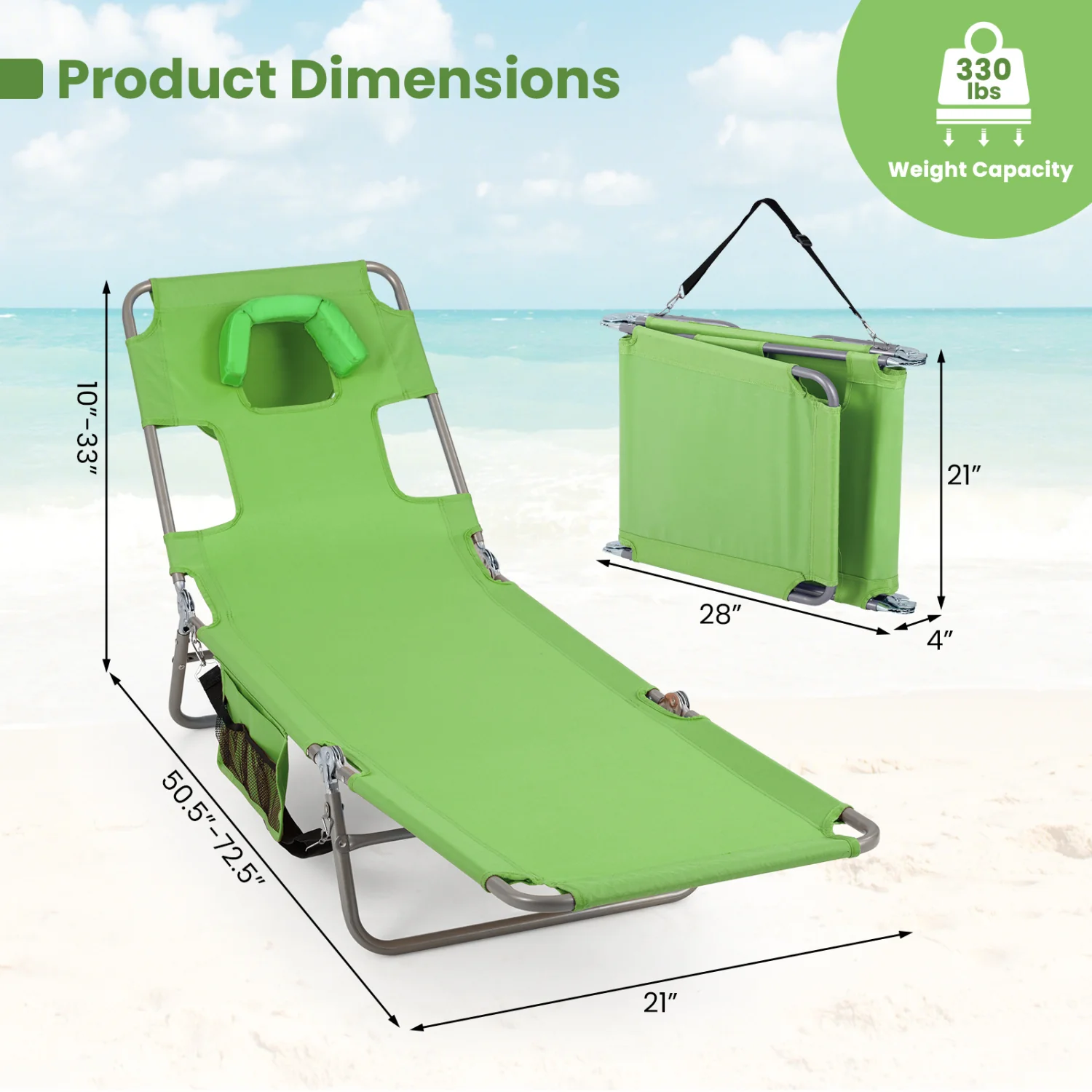 Folding Beach Lounge Chair, Adjustable Backrest, Green - Image 4