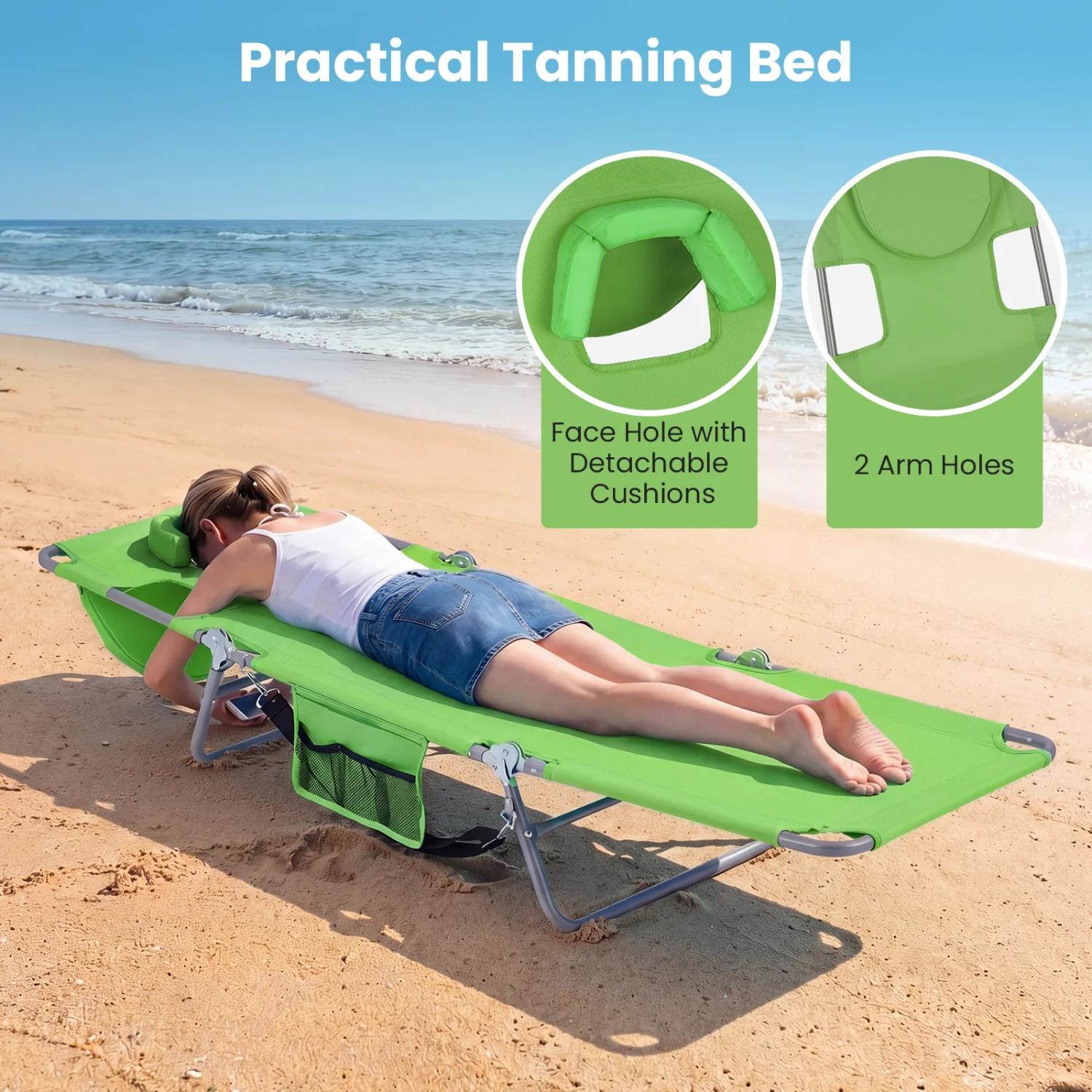 Folding Beach Lounge Chair, Adjustable Backrest, Green - Image 7