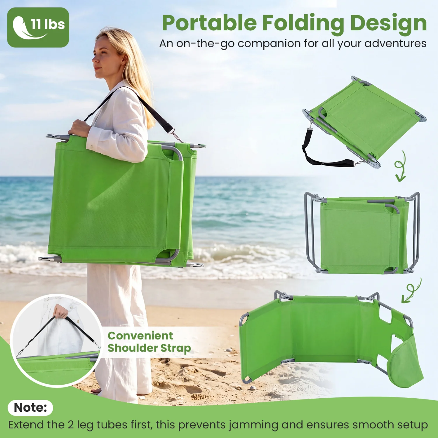 Folding Beach Lounge Chair, Adjustable Backrest, Green - Image 8