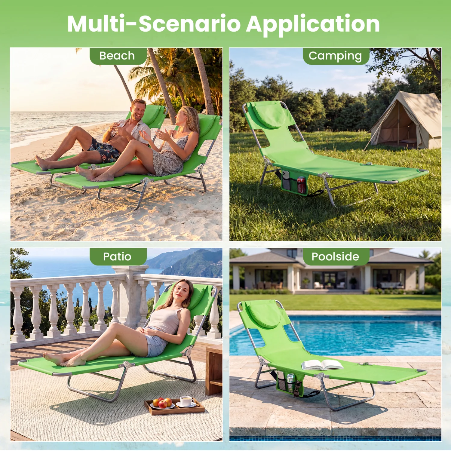 Folding Beach Lounge Chair, Adjustable Backrest, Green - Image 9