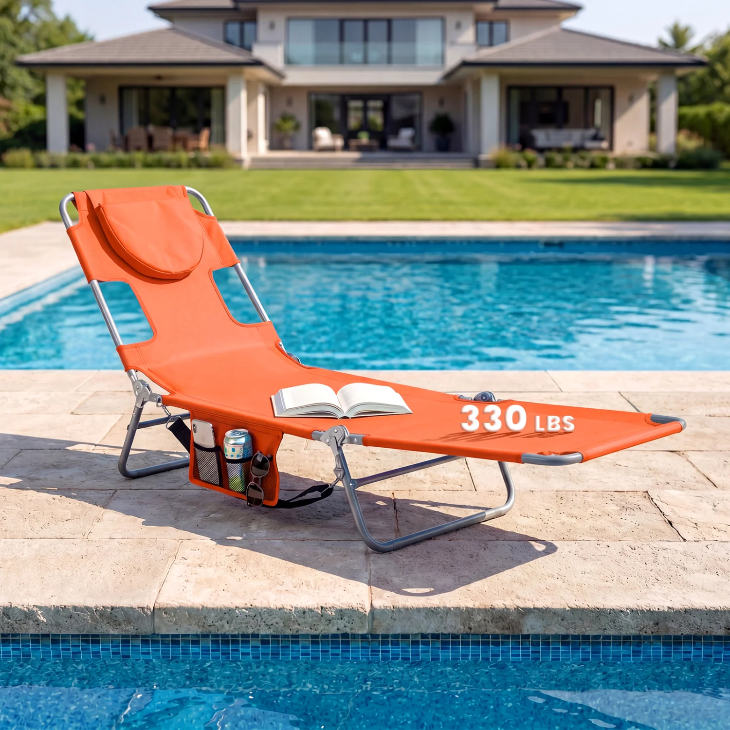 Folding Beach Lounge Chair, Adjustable Backrest, Orange - Image 5
