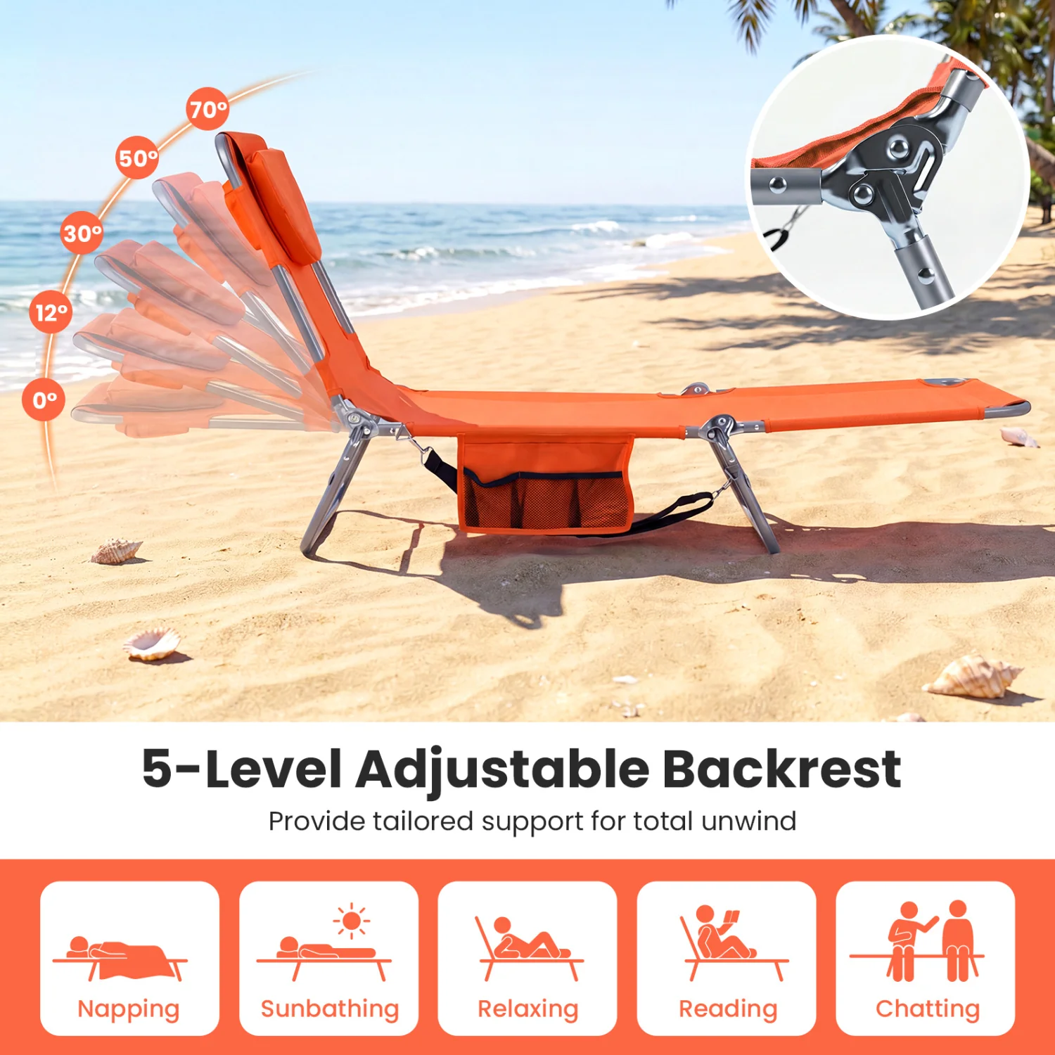 Folding Beach Lounge Chair, Adjustable Backrest, Orange - Image 6