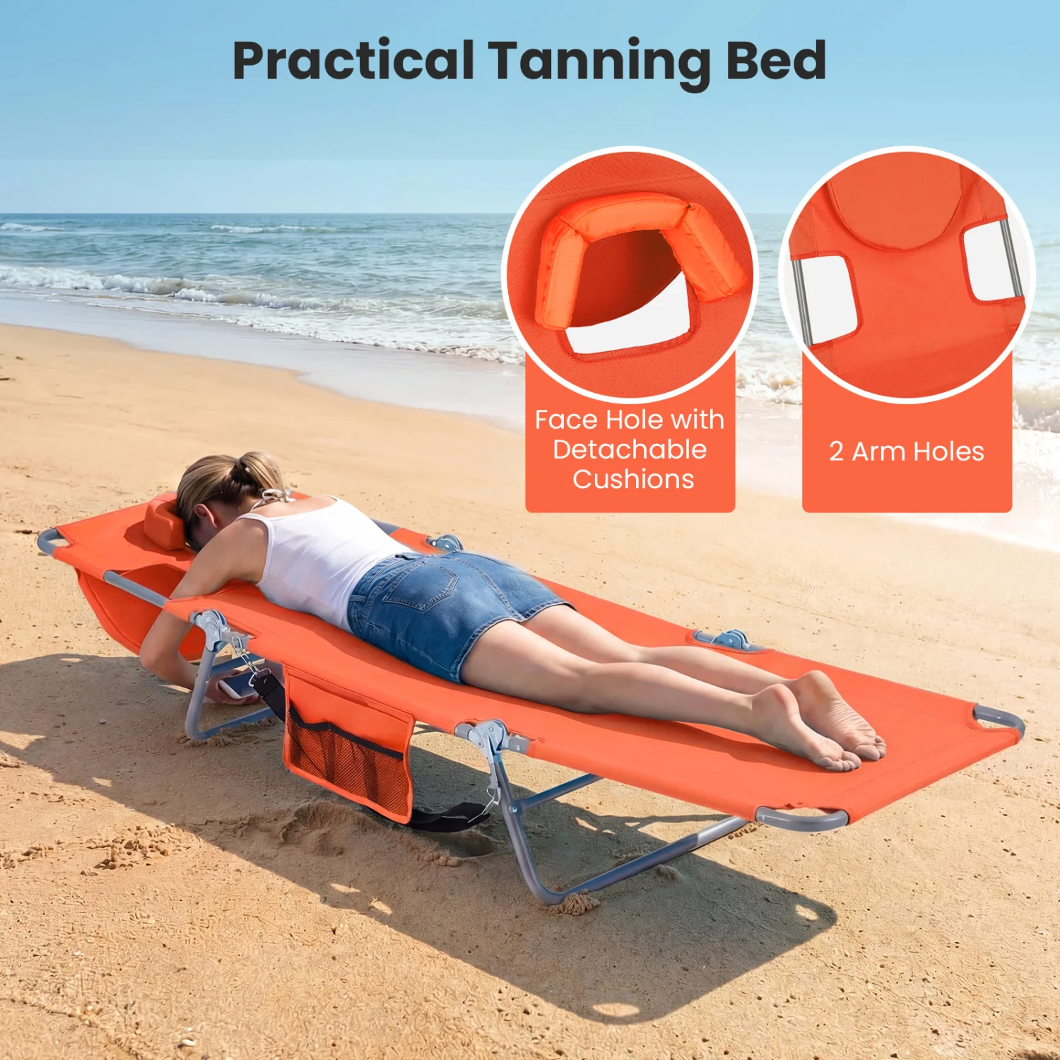 Folding Beach Lounge Chair, Adjustable Backrest, Orange - Image 7