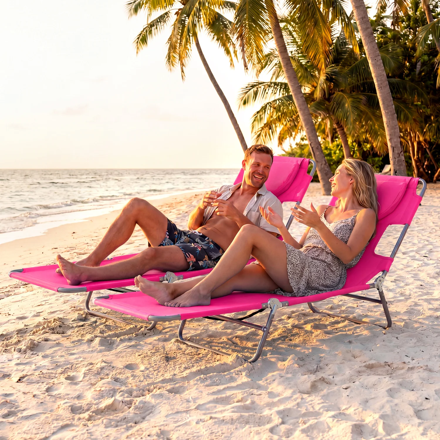 Folding Beach Lounge Chair, Adjustable Backrest, Pink - Image 3