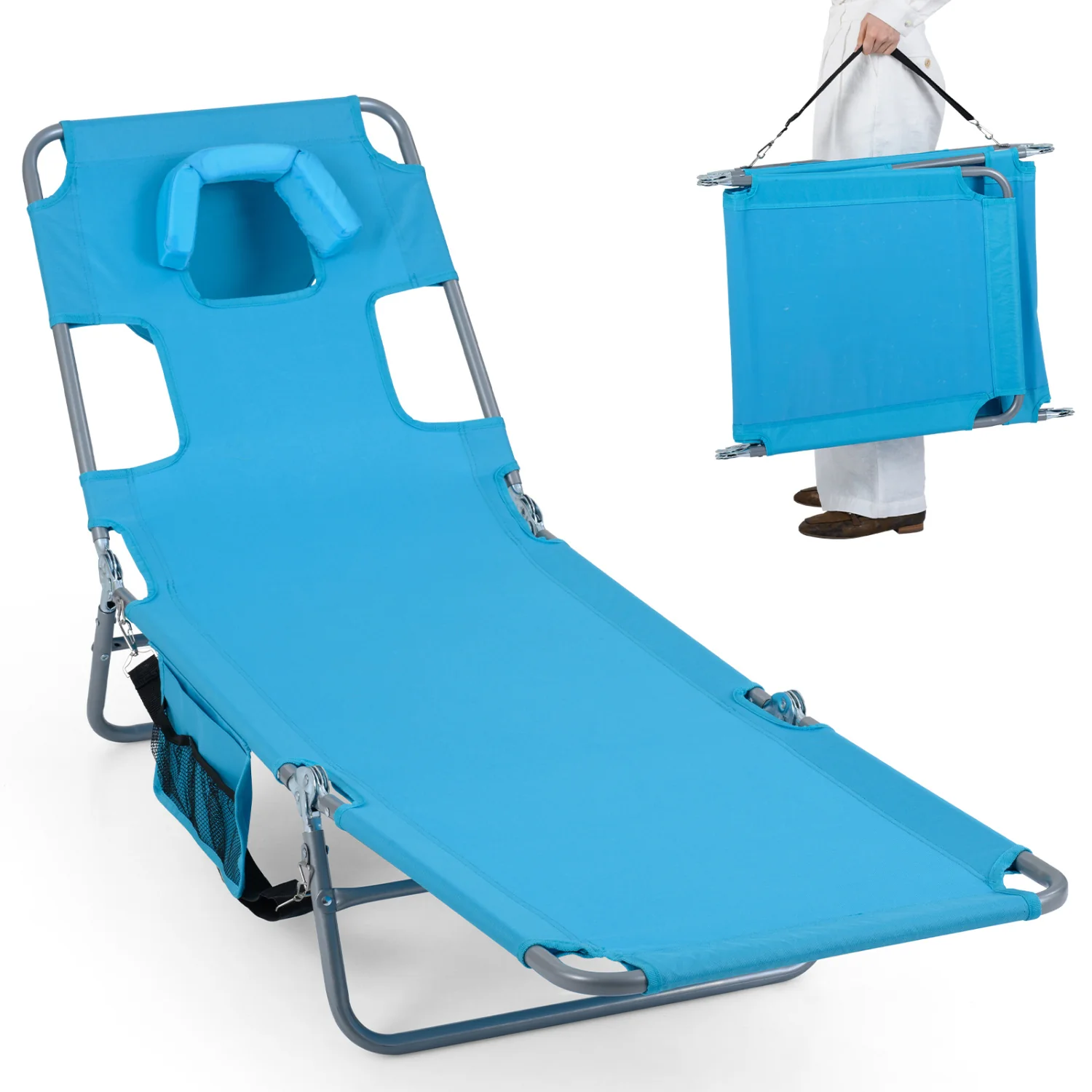 Folding Beach Lounge Chair, Adjustable Backrest, Turquoise