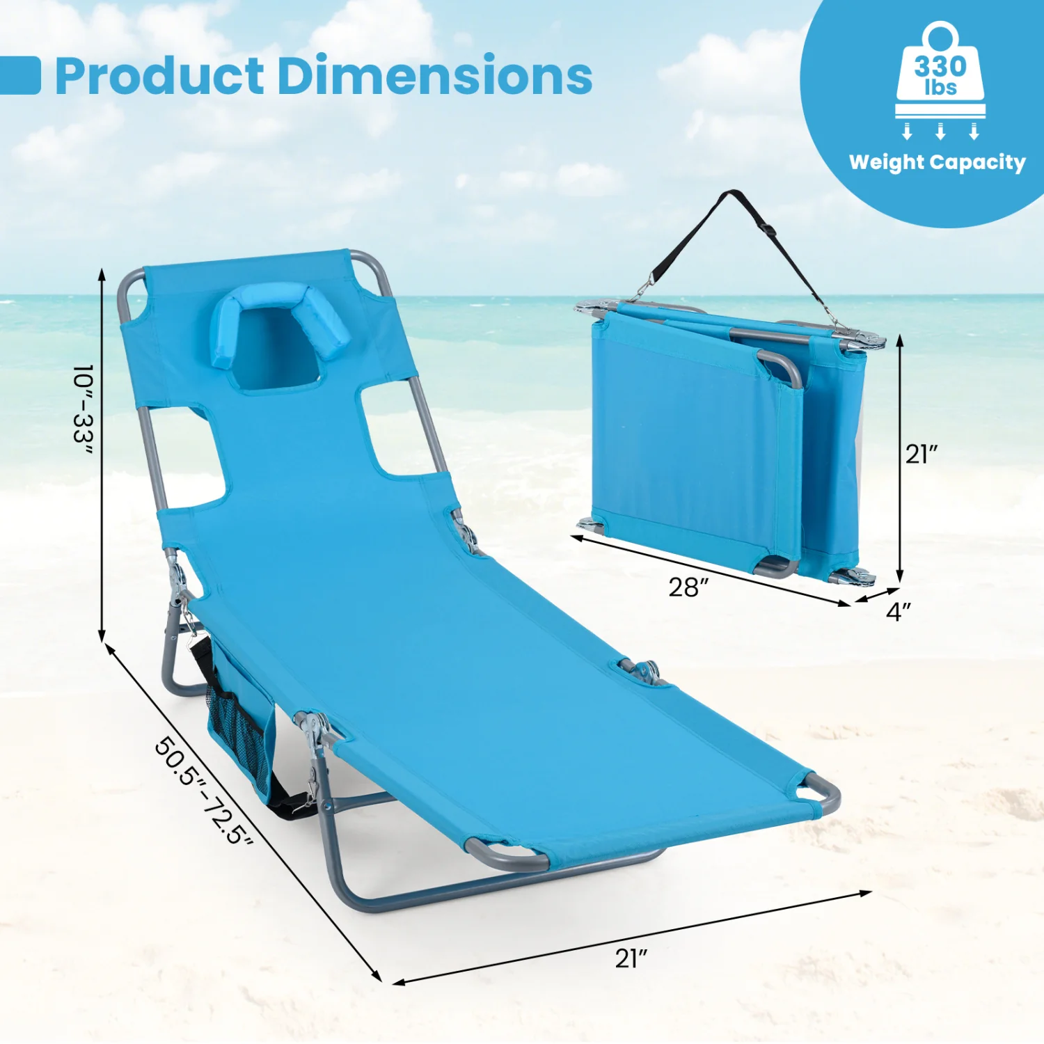 Folding Beach Lounge Chair, Adjustable Backrest, Turquoise - Image 4