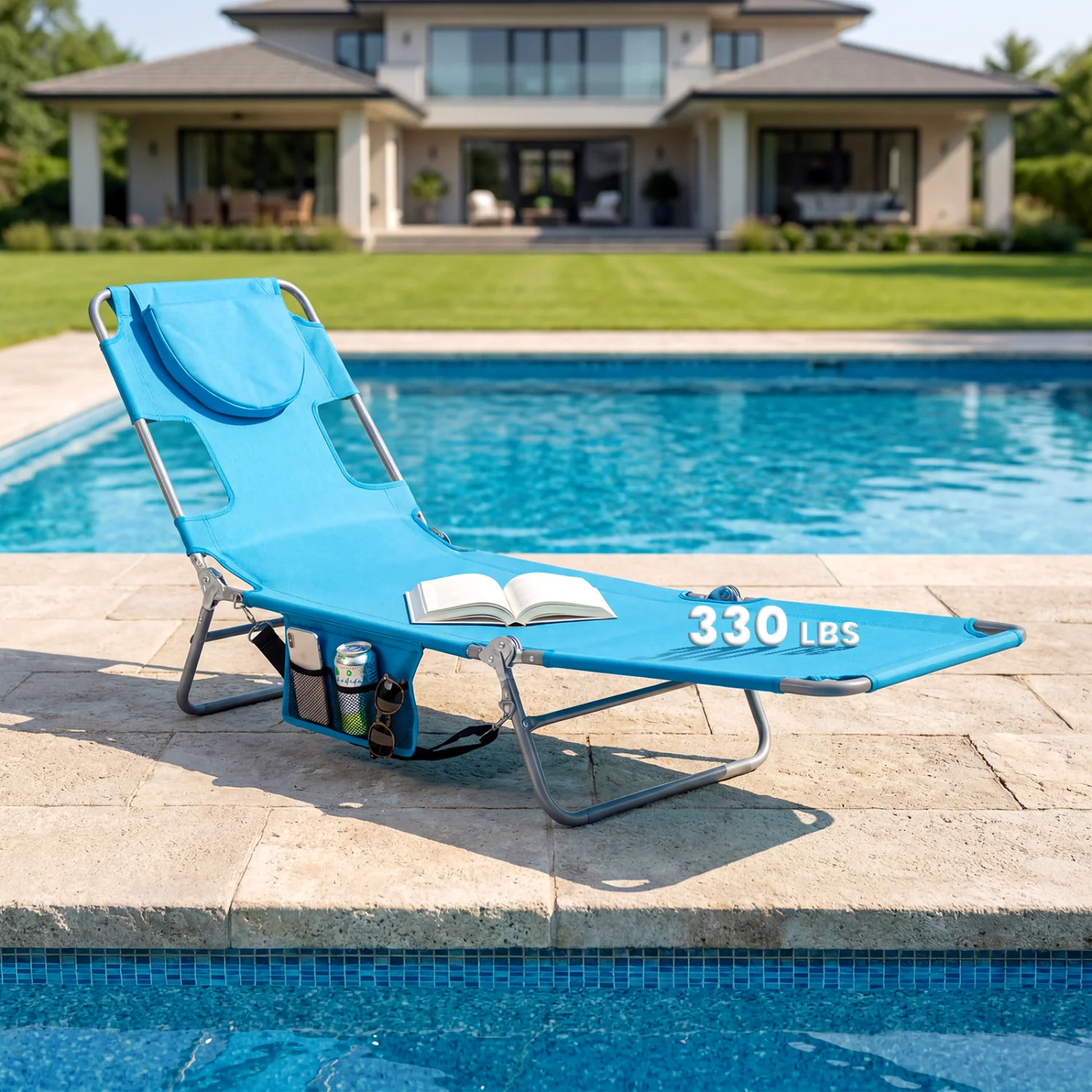 Folding Beach Lounge Chair, Adjustable Backrest, Turquoise - Image 5