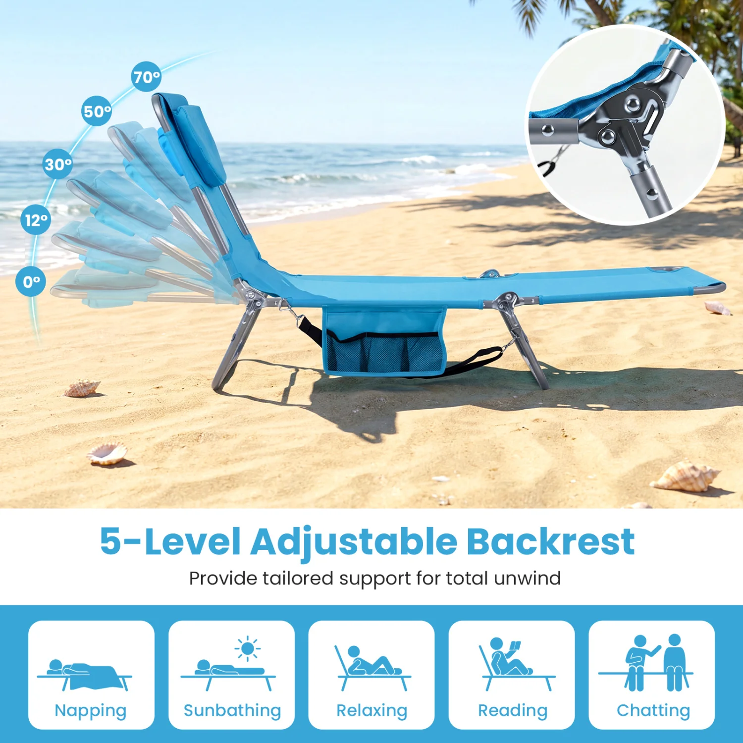 Folding Beach Lounge Chair, Adjustable Backrest, Turquoise - Image 6