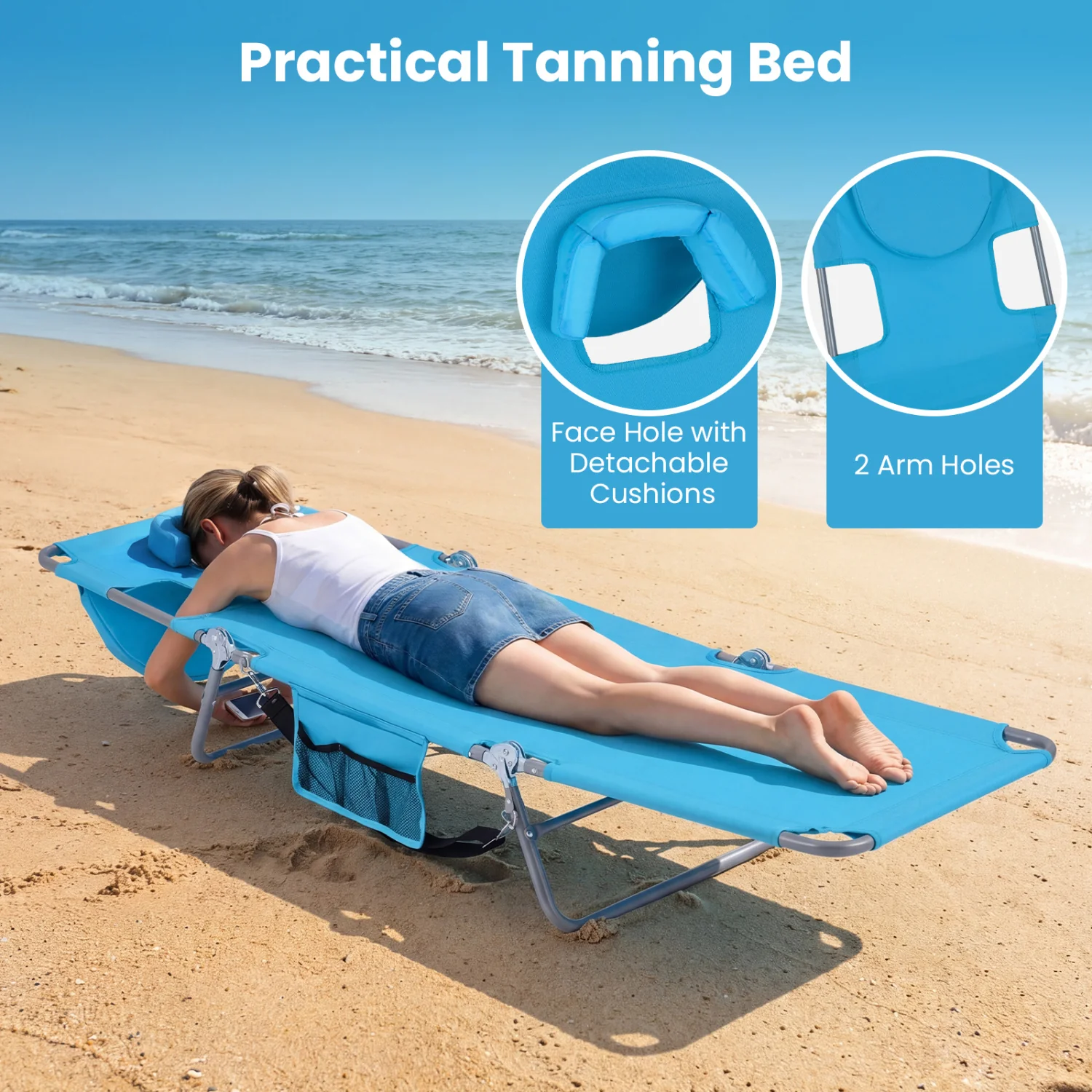 Folding Beach Lounge Chair, Adjustable Backrest, Turquoise - Image 7