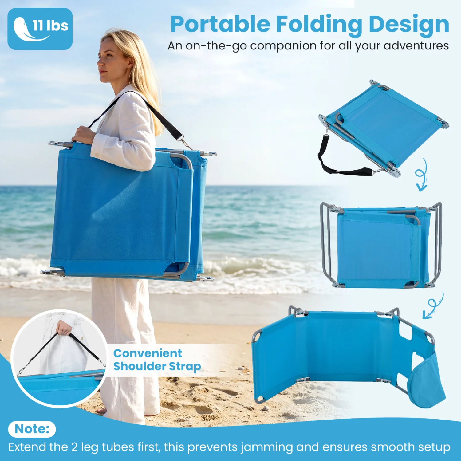 Folding Beach Lounge Chair, Adjustable Backrest, Turquoise - Image 8