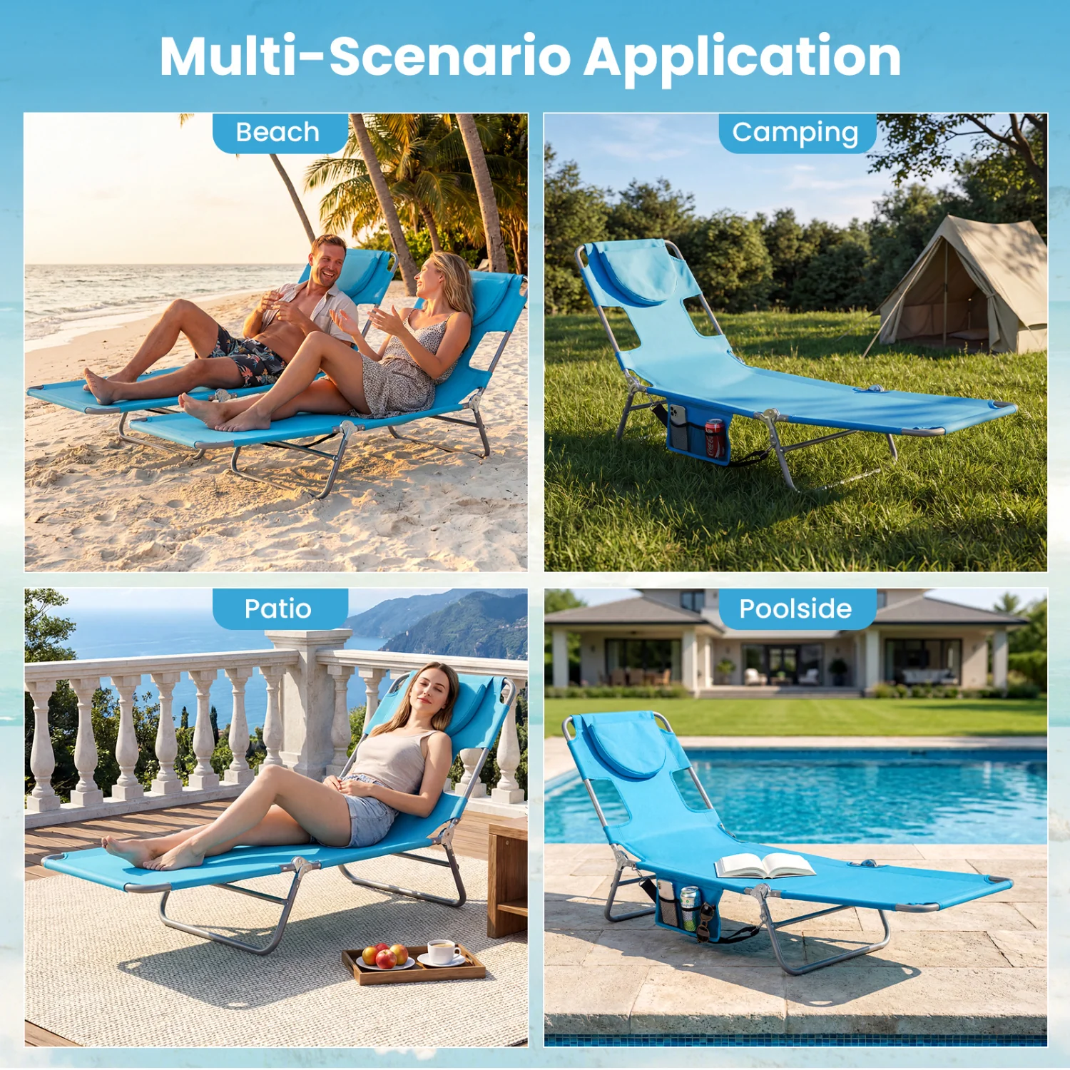 Folding Beach Lounge Chair, Adjustable Backrest, Turquoise - Image 9