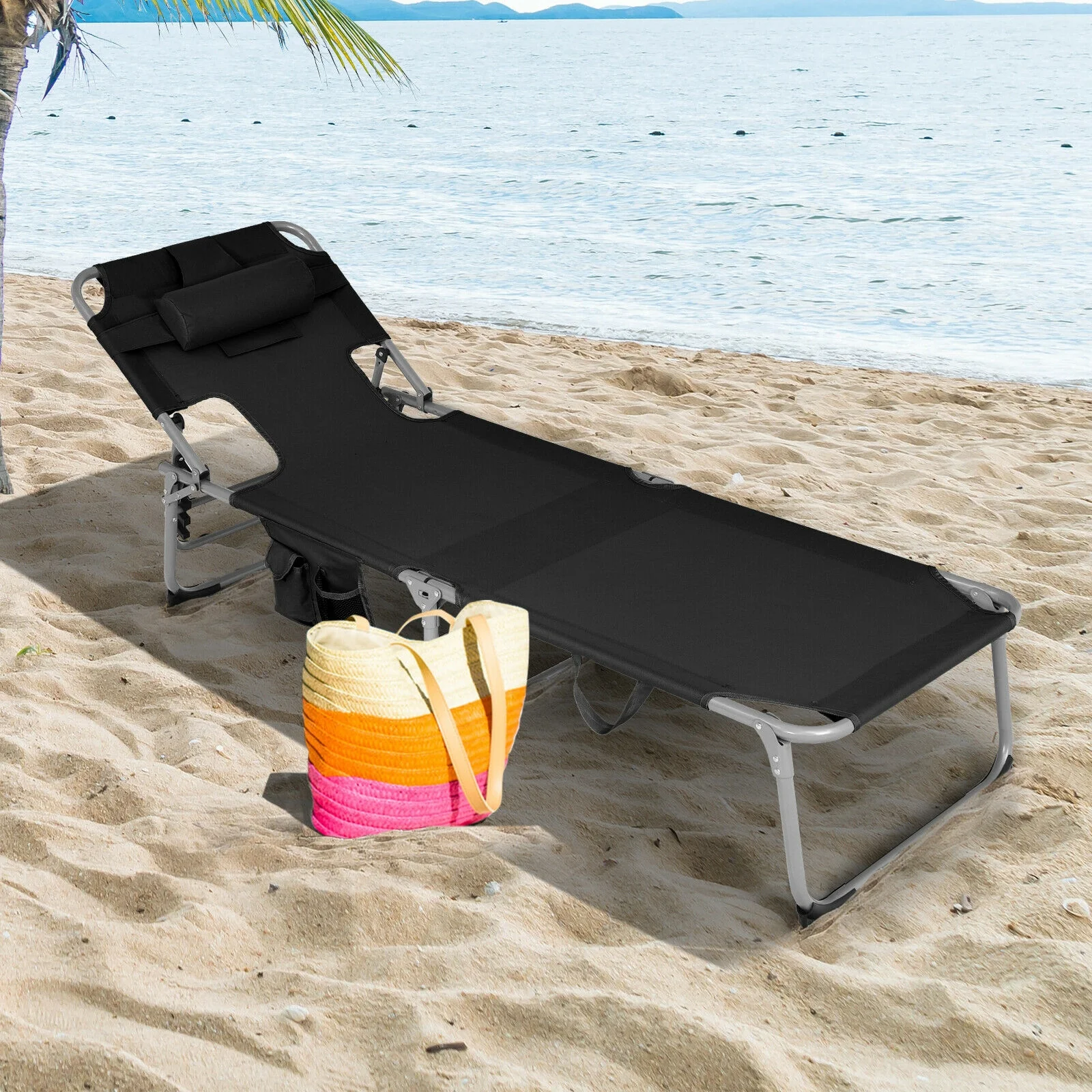 Folding Beach Lounge Chair With Pillow, Black - Image 2