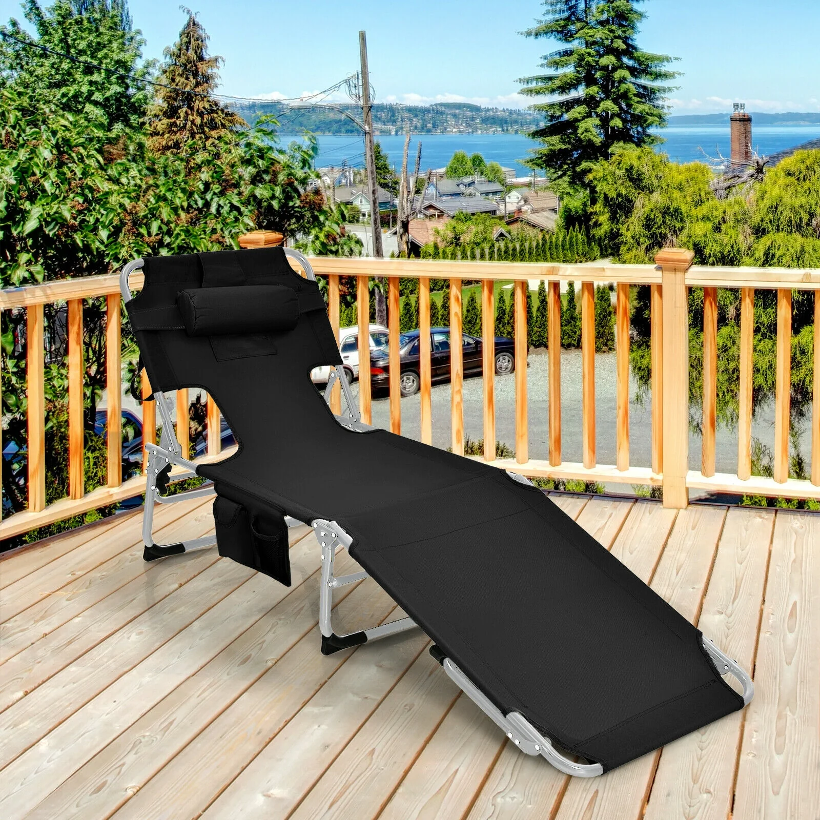 Folding Beach Lounge Chair With Pillow, Black - Image 3