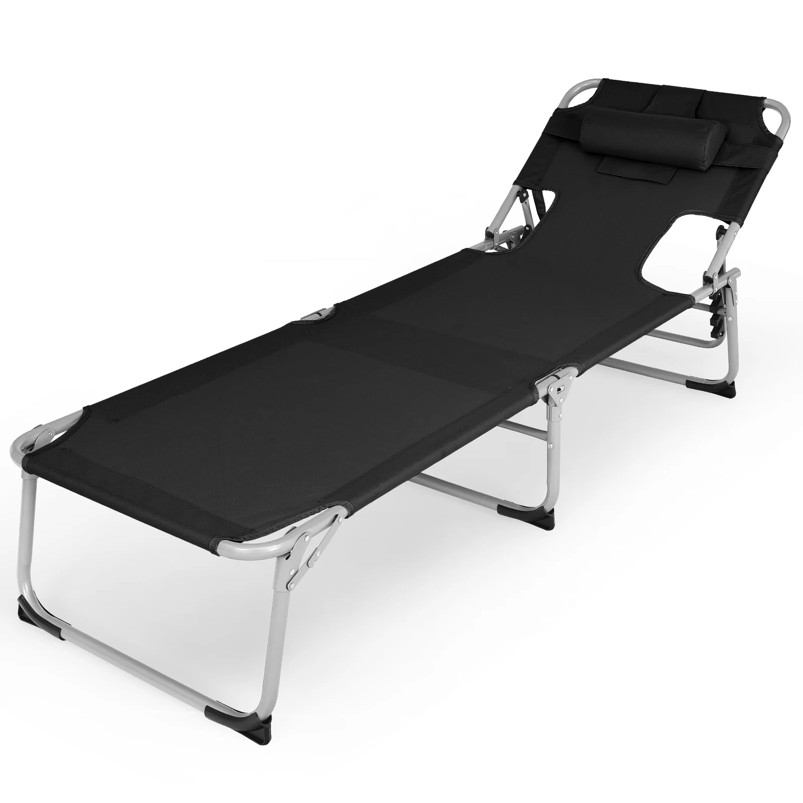 Folding Beach Lounge Chair With Pillow, Black - Image 5