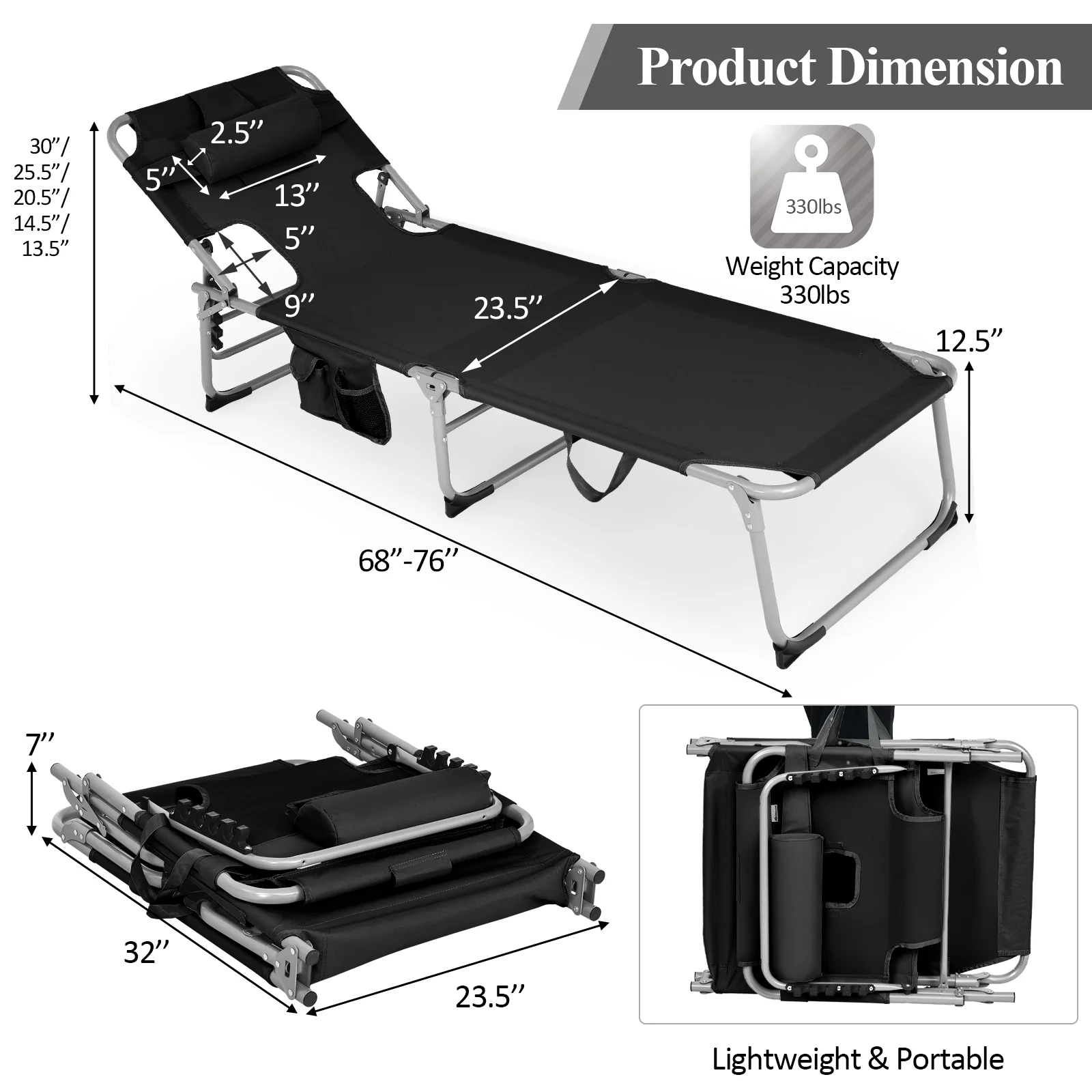 Folding Beach Lounge Chair With Pillow, Black - Image 6