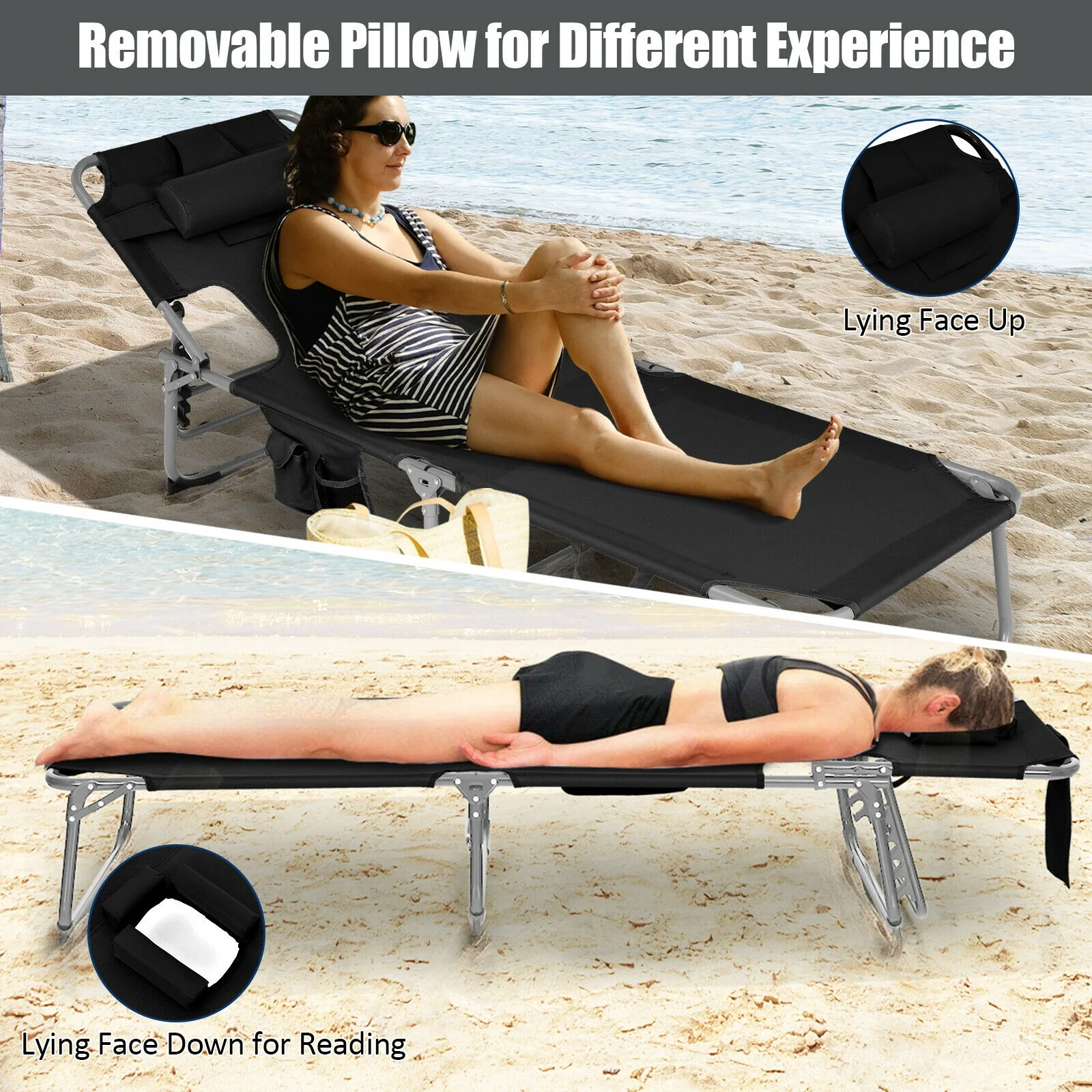 Folding Beach Lounge Chair With Pillow, Black - Image 7